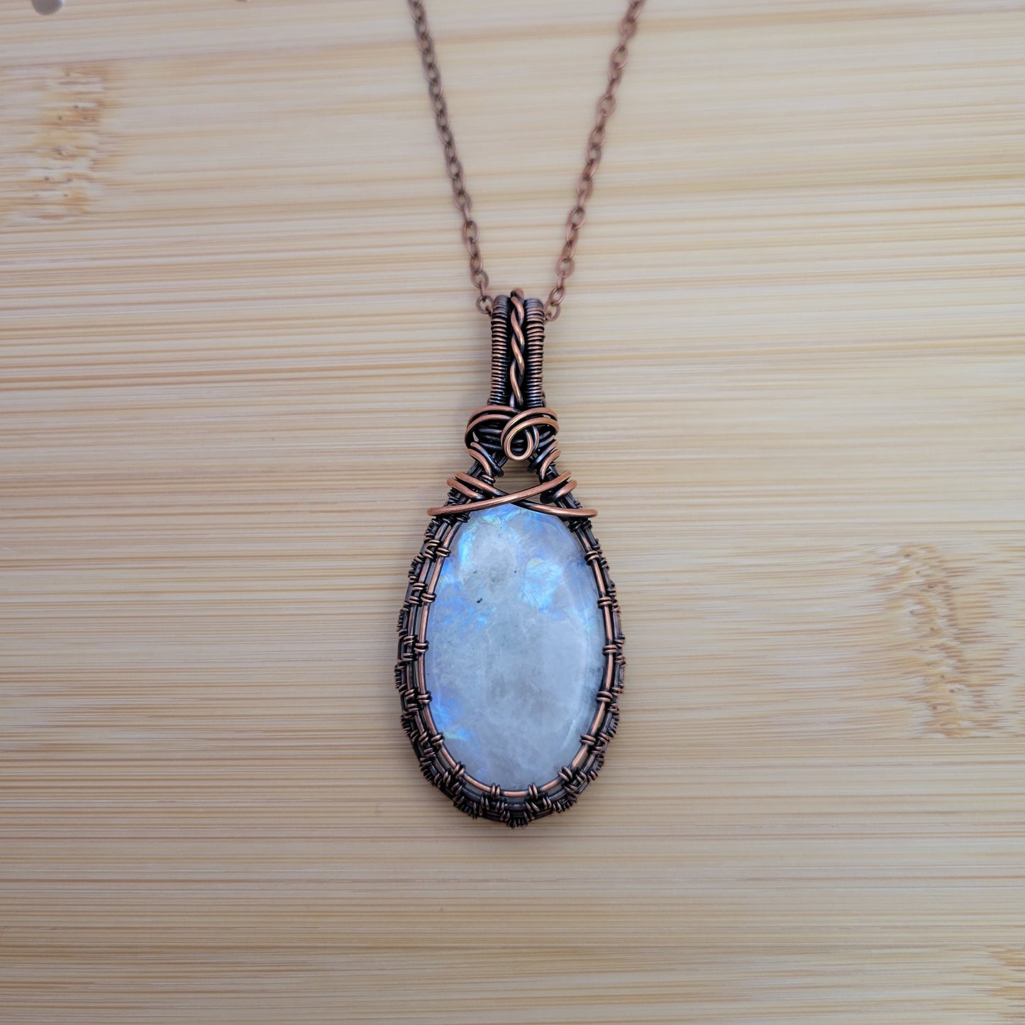 Handcrafted Rainbow Moonstone and Moonstone Copper Pendant Necklace — detail view