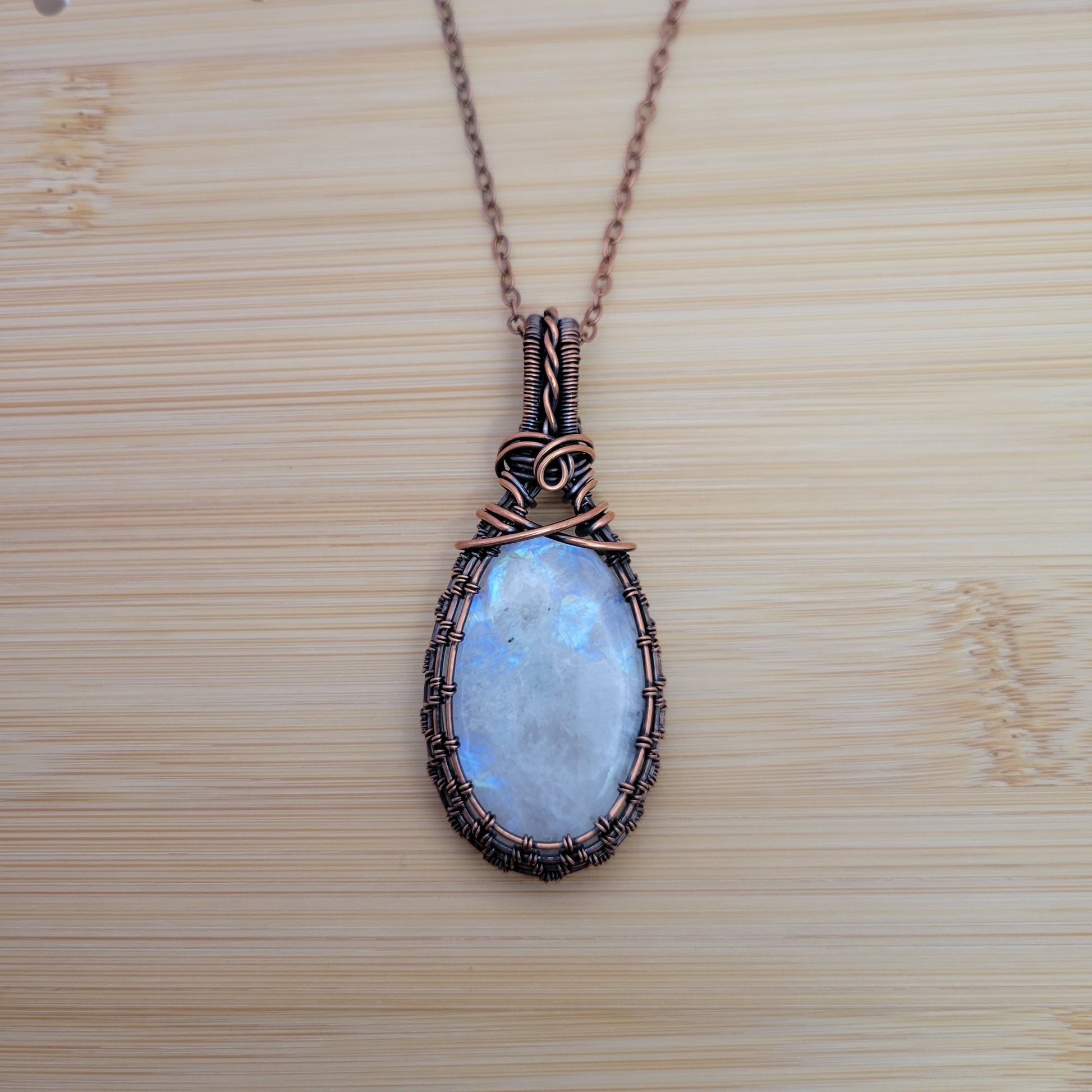 Handcrafted Rainbow Moonstone and Moonstone Copper Pendant Necklace — detail view