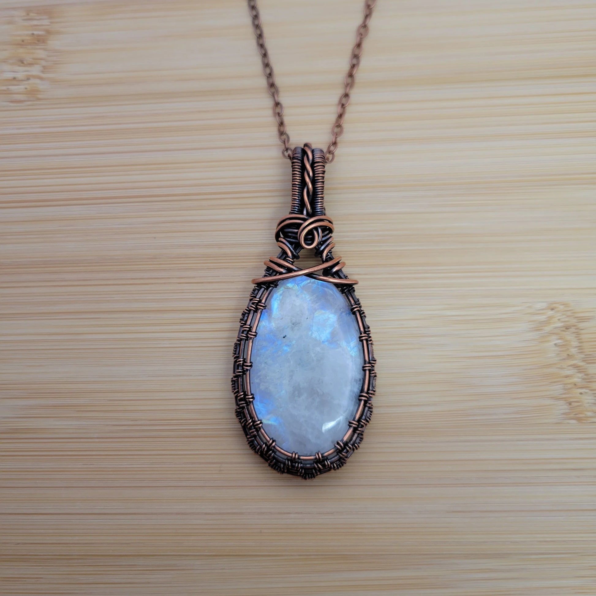 Handcrafted Rainbow Moonstone and Moonstone Copper Pendant Necklace — product image 6