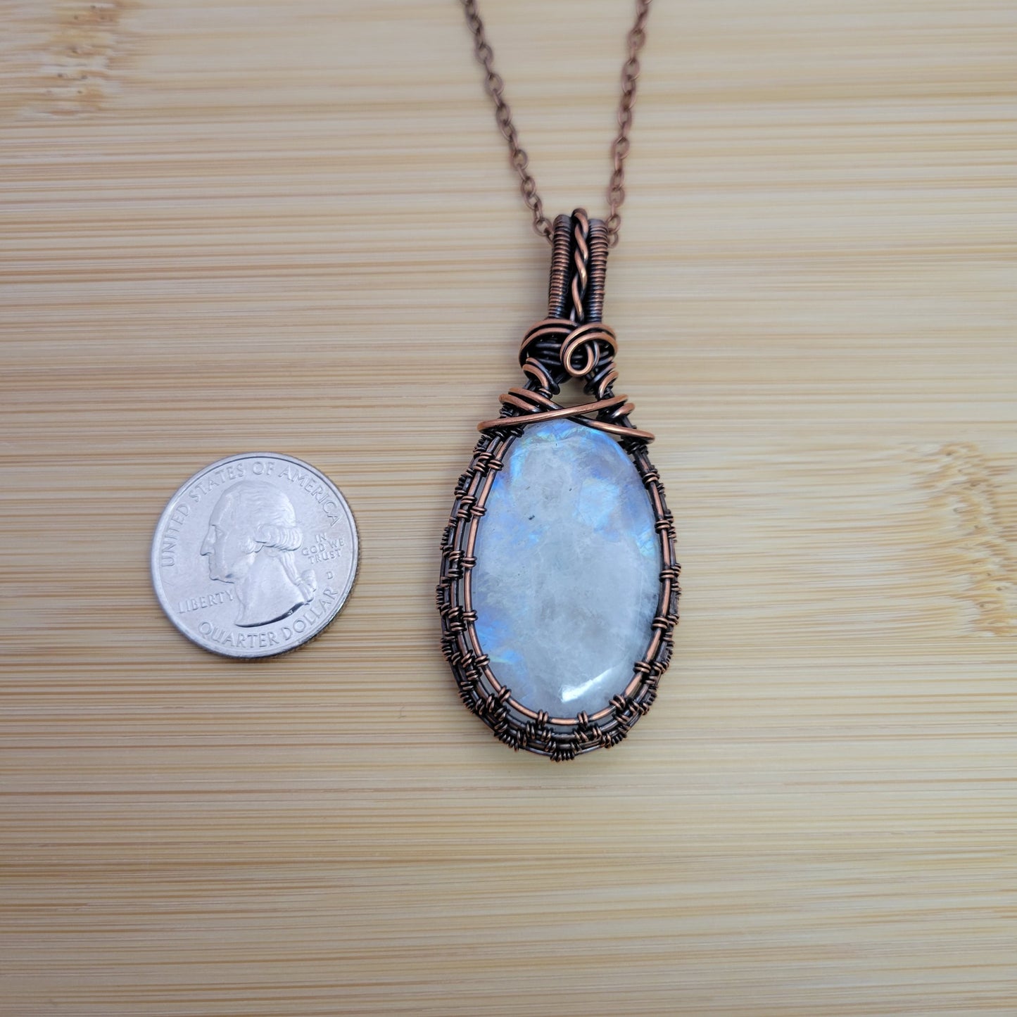 Handcrafted Rainbow Moonstone and Moonstone Copper Pendant Necklace — product image 7