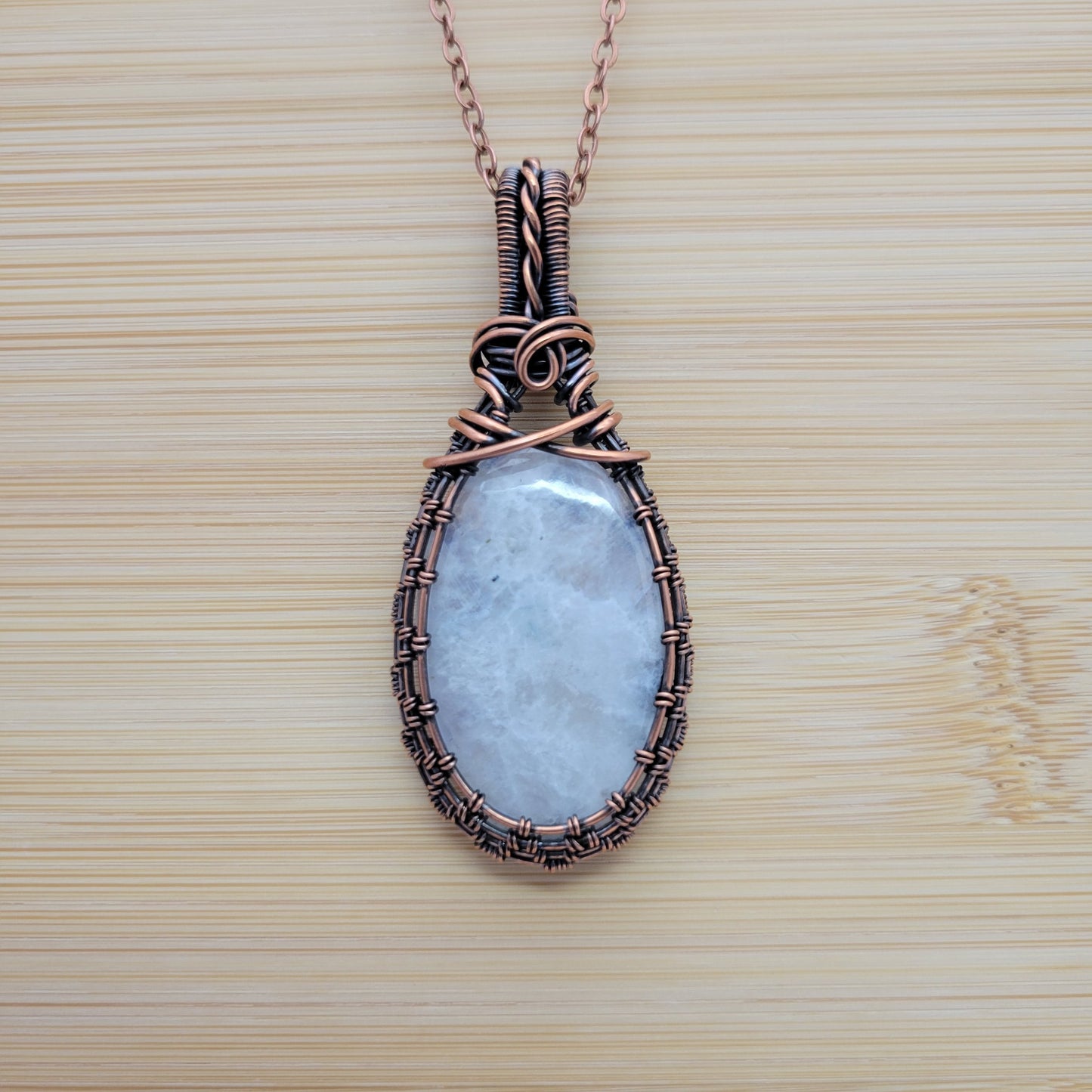 Handcrafted Rainbow Moonstone and Moonstone Copper Pendant Necklace — close-up