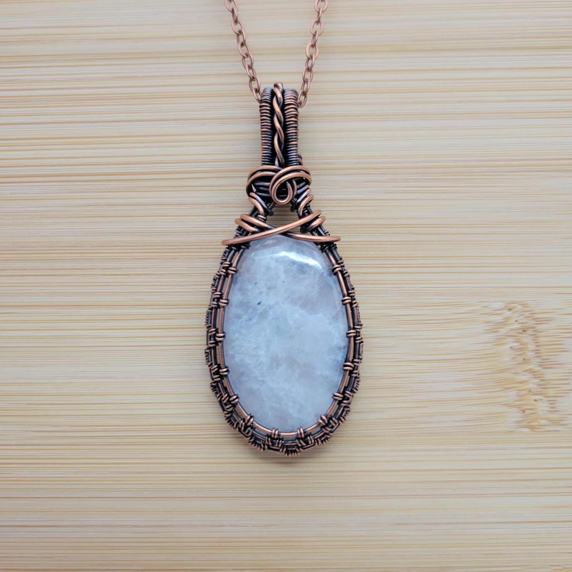 Handcrafted Rainbow Moonstone and Moonstone Copper Pendant Necklace — close-up