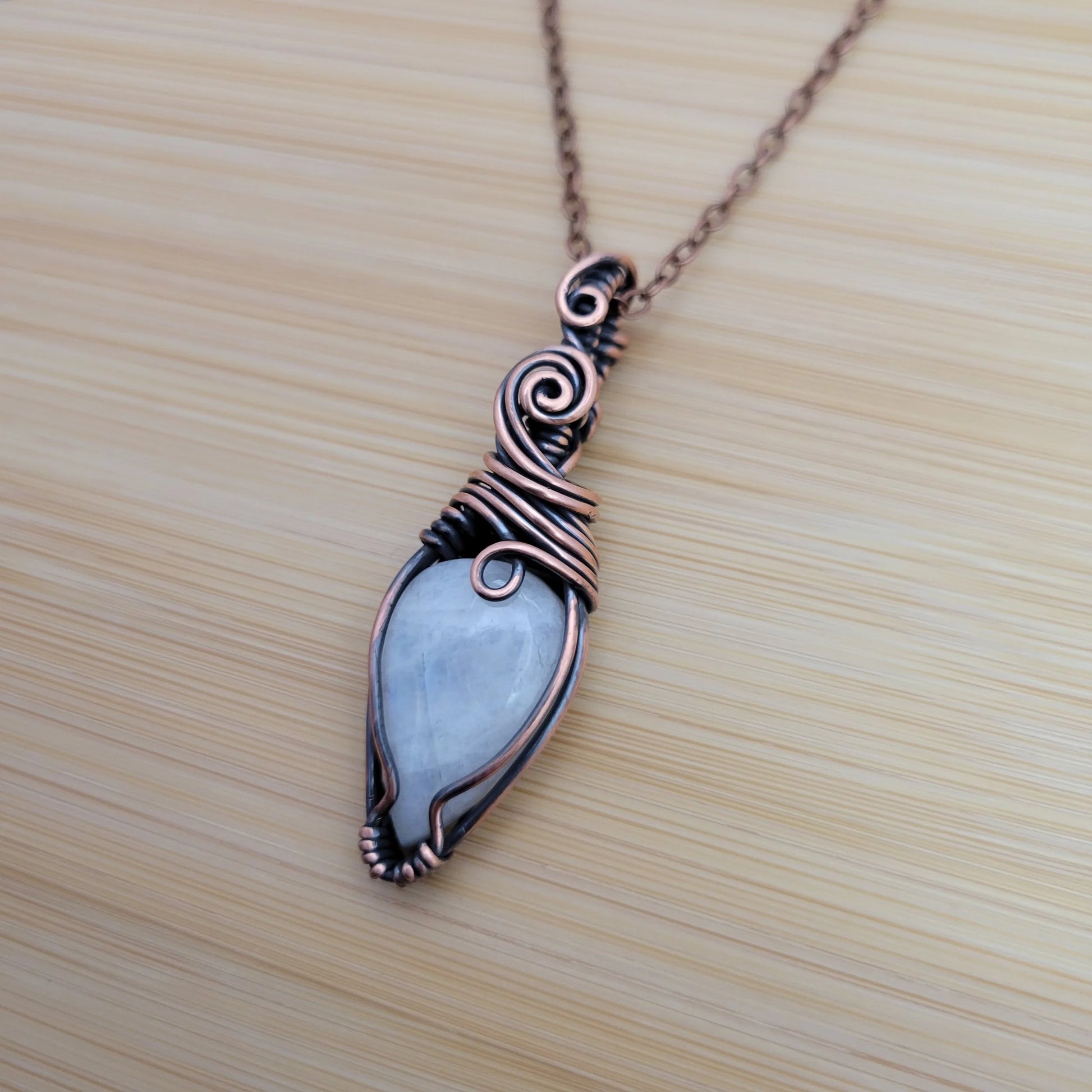 Handcrafted Rainbow Moonstone and Moonstone Copper Pendant Necklace — product image 6