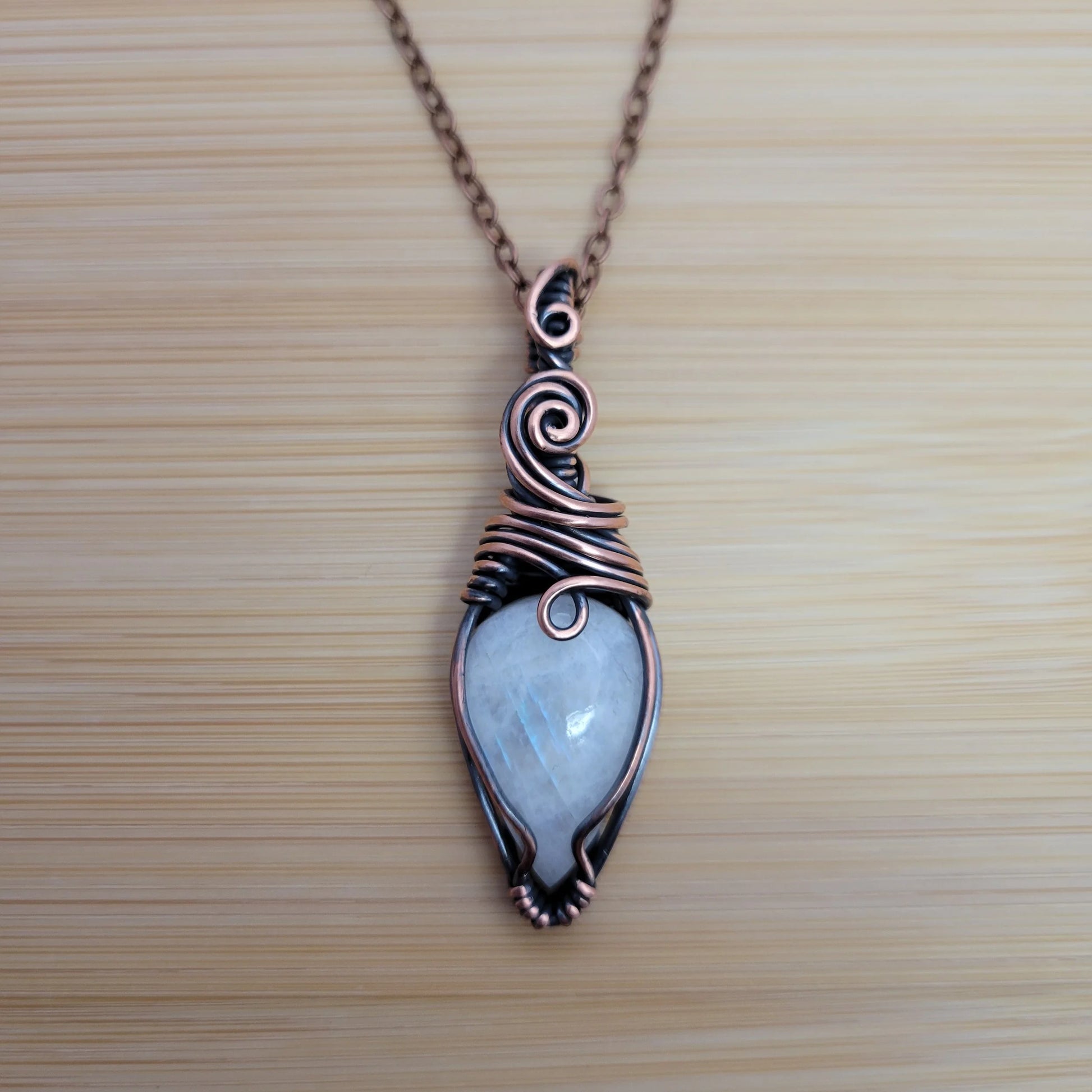 Handcrafted Rainbow Moonstone and Moonstone Copper Pendant Necklace — detail view