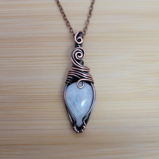 Handcrafted Rainbow Moonstone and Moonstone Copper Pendant Necklace — front view