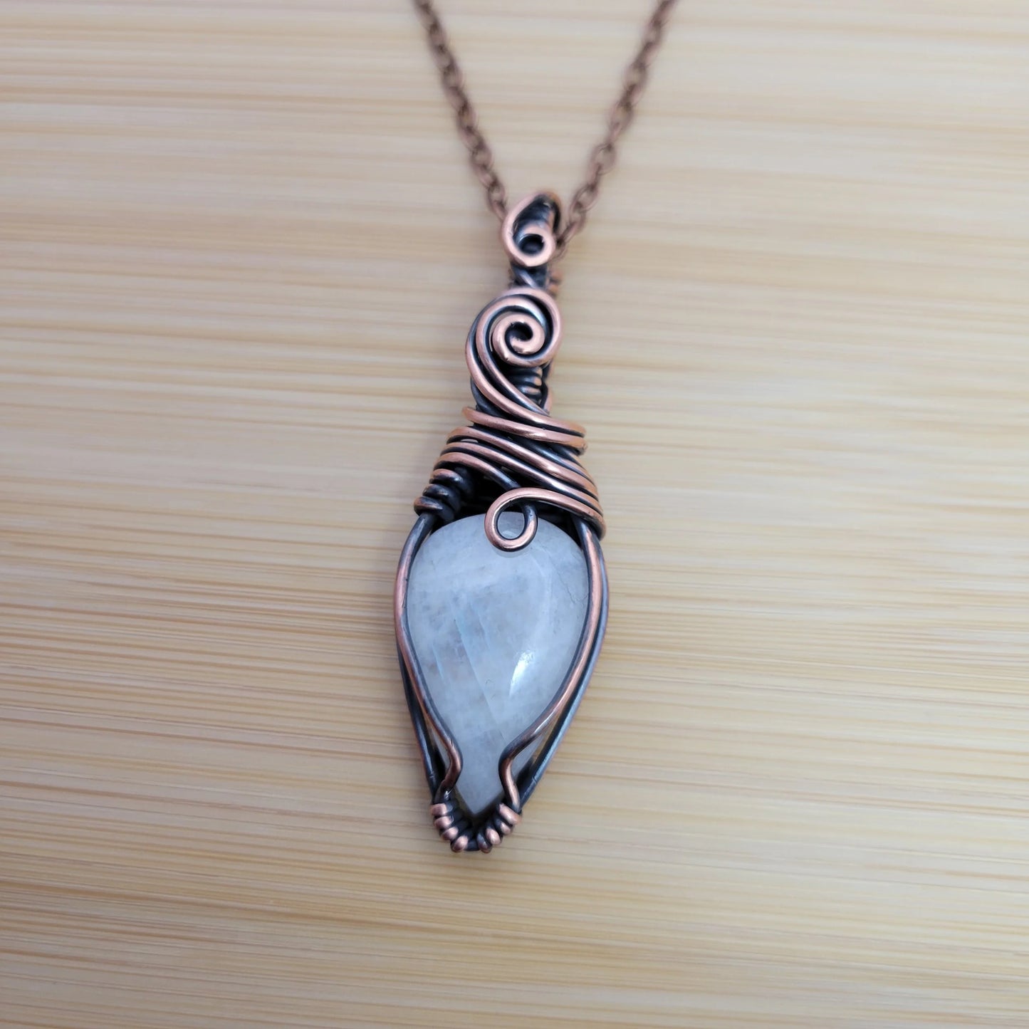 Handcrafted Rainbow Moonstone and Moonstone Copper Pendant Necklace — close-up