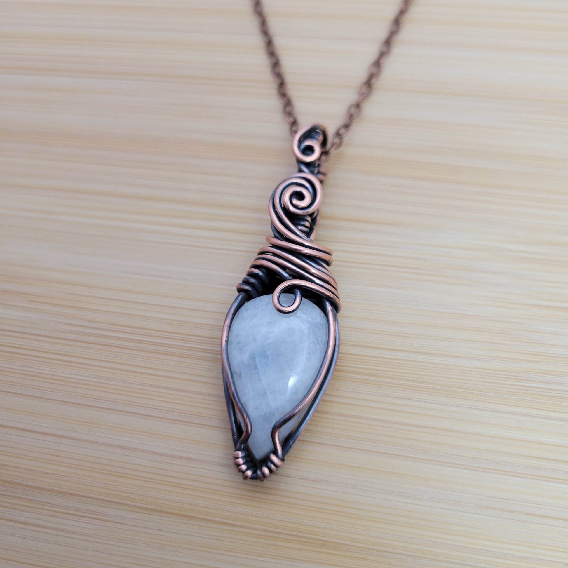 Handcrafted Rainbow Moonstone and Moonstone Copper Pendant Necklace — reverse view