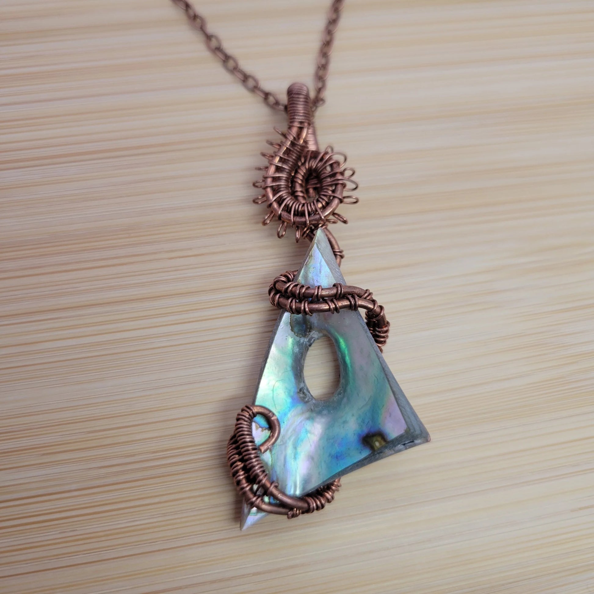 Handcrafted Abalone Shell Copper Pendant Necklace — close-up