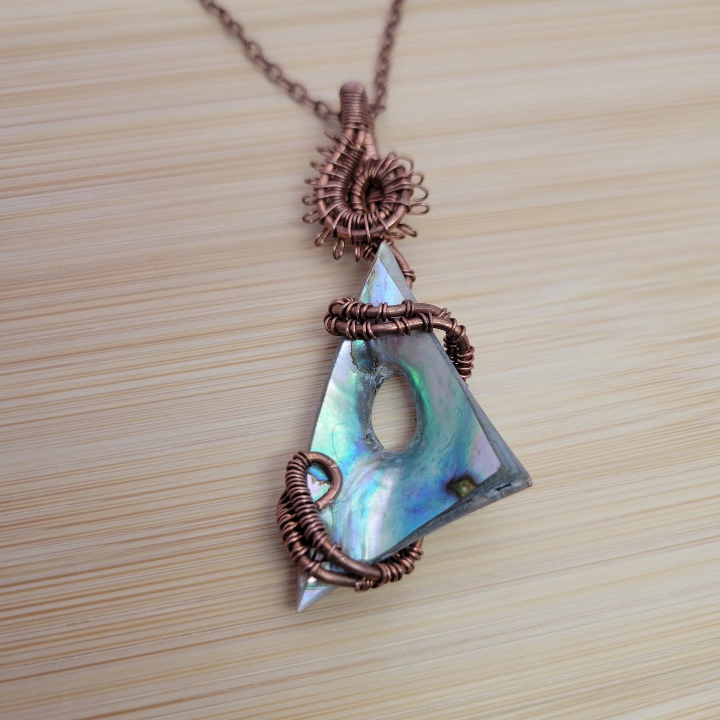 Handcrafted Abalone Shell Copper Pendant Necklace — side view
