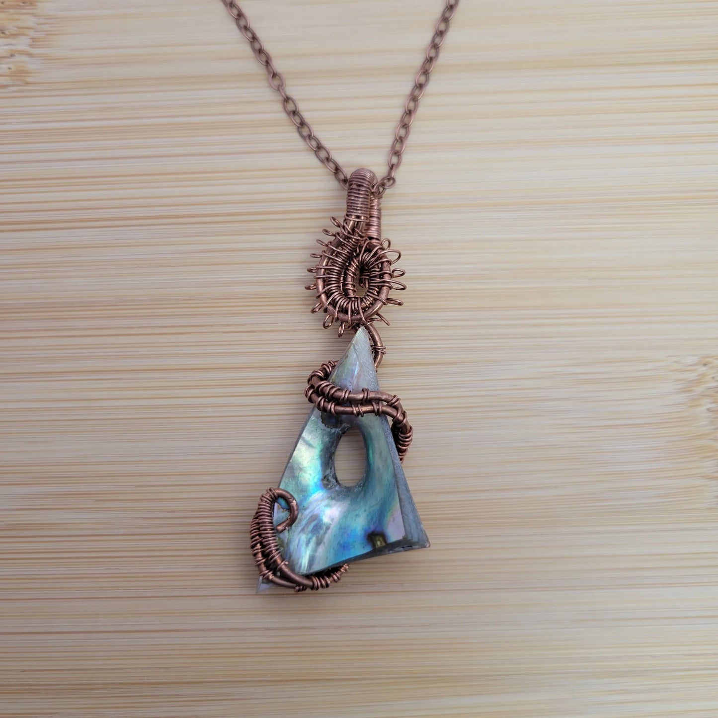 Handcrafted Abalone Shell Copper Pendant Necklace — reverse view