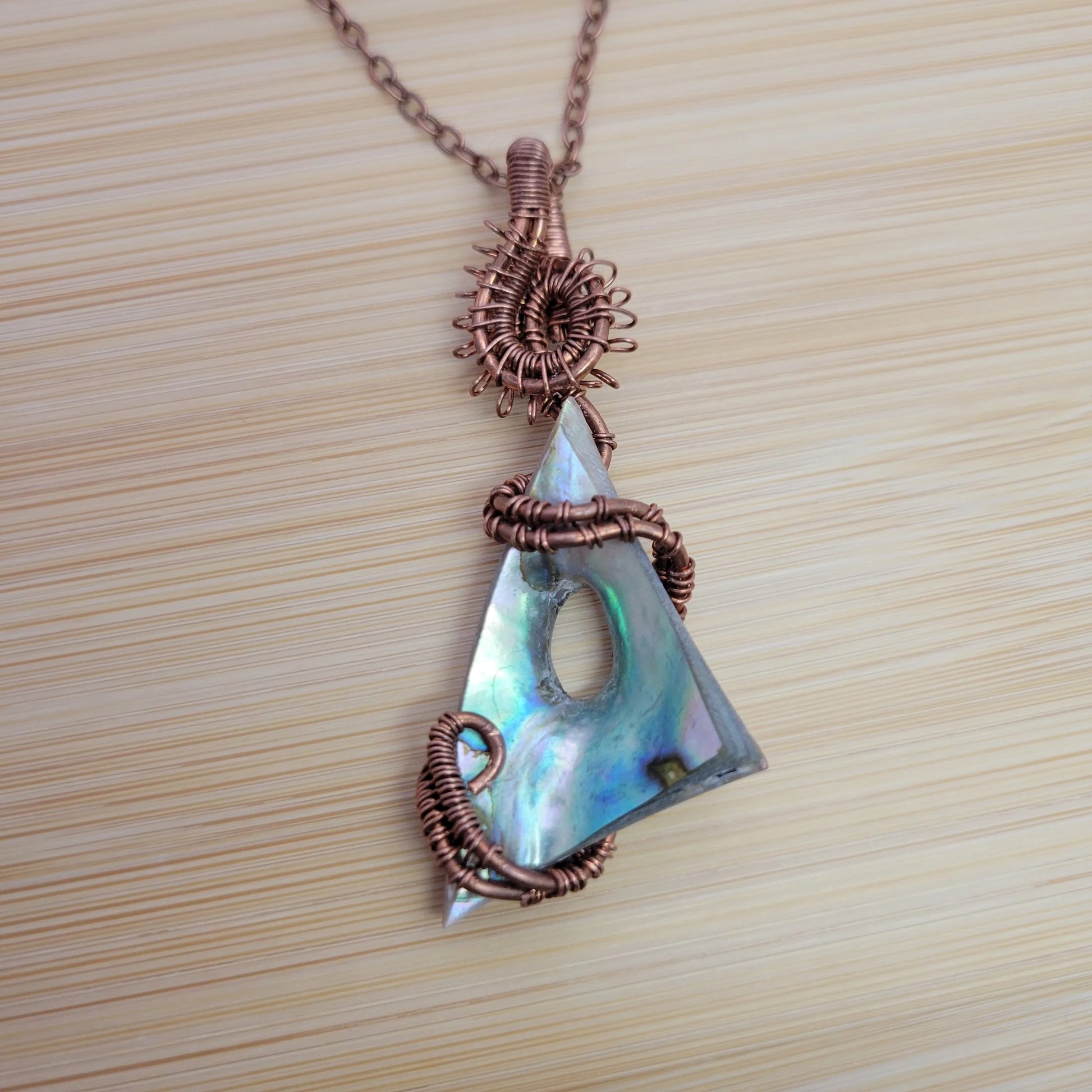 Handcrafted Abalone Shell Copper Pendant Necklace — detail view