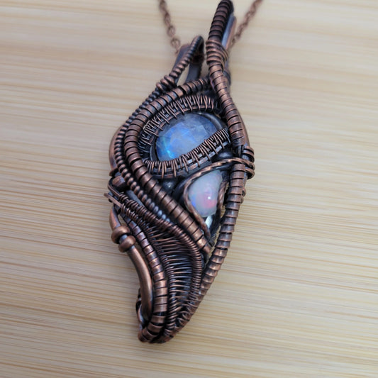 Handcrafted Rainbow Moonstone and Ethiopian Opal and Moonstone Copper Pendant Necklace — front view