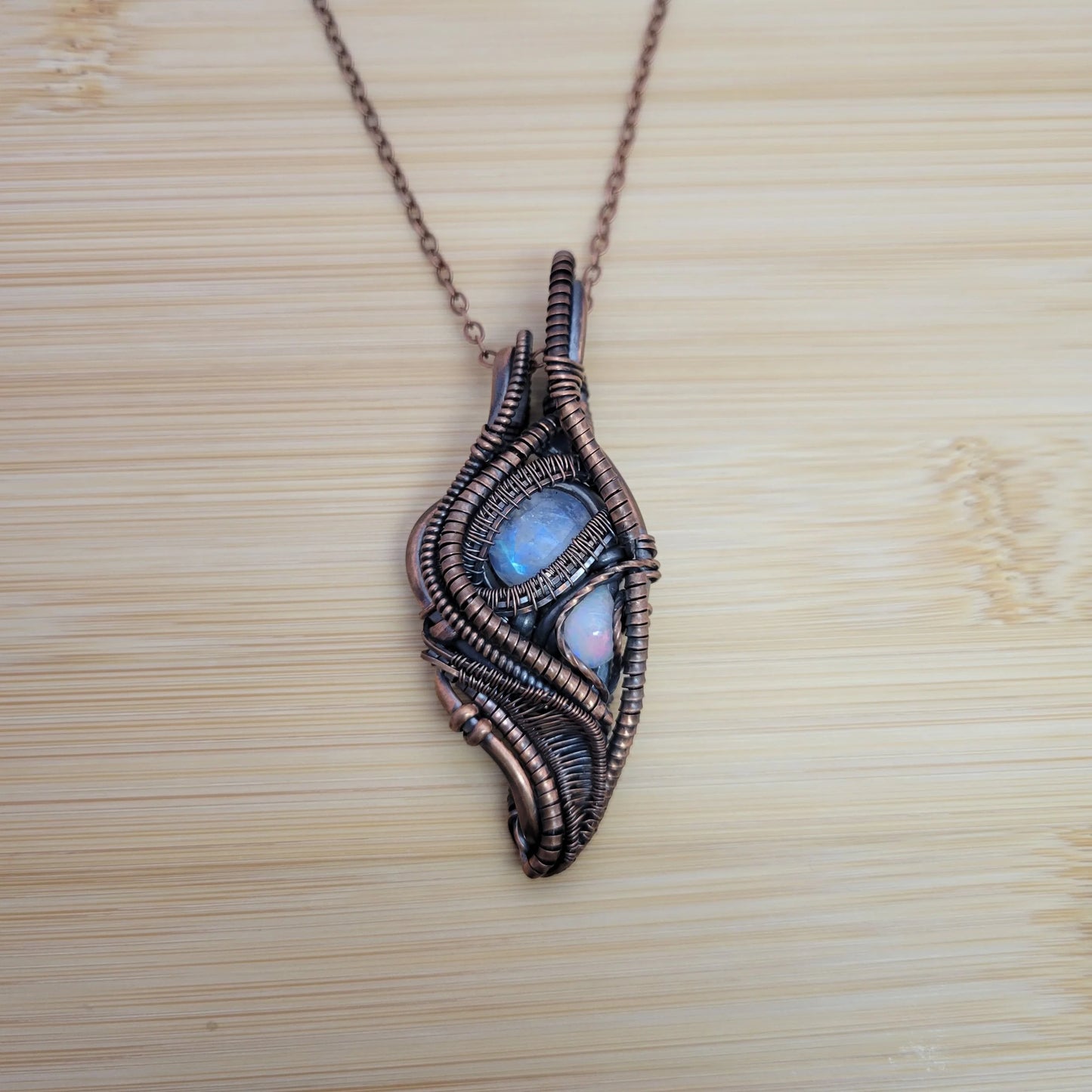 Handcrafted Rainbow Moonstone and Ethiopian Opal and Moonstone Copper Pendant Necklace — reverse view