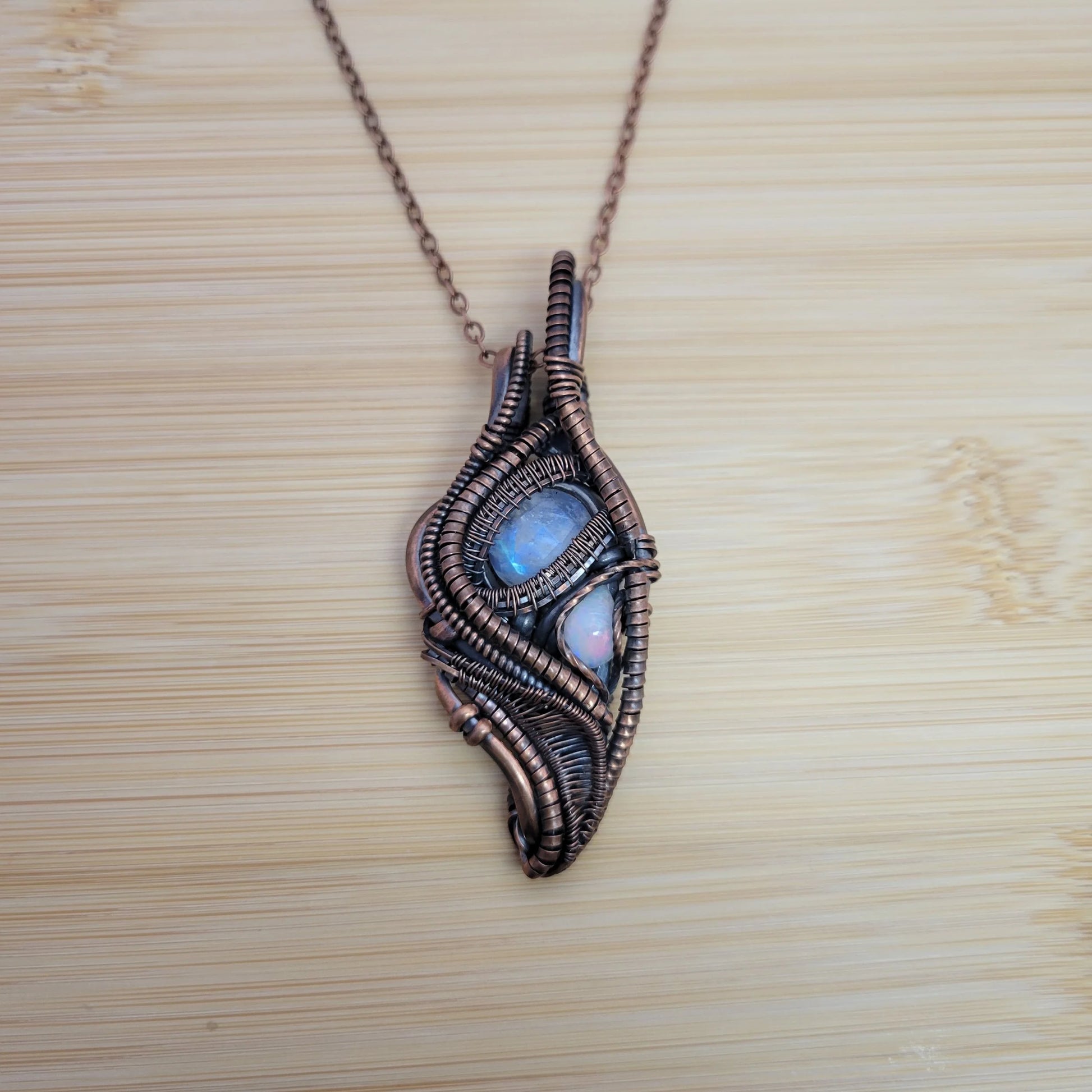 Handcrafted Rainbow Moonstone and Ethiopian Opal and Moonstone Copper Pendant Necklace — reverse view