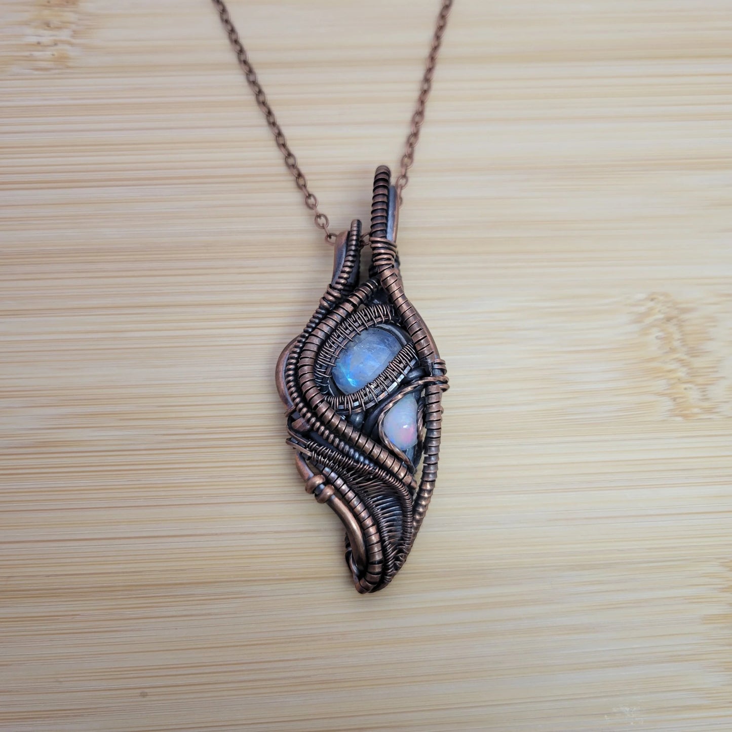 Handcrafted Rainbow Moonstone and Ethiopian Opal and Moonstone Copper Pendant Necklace — product image 7