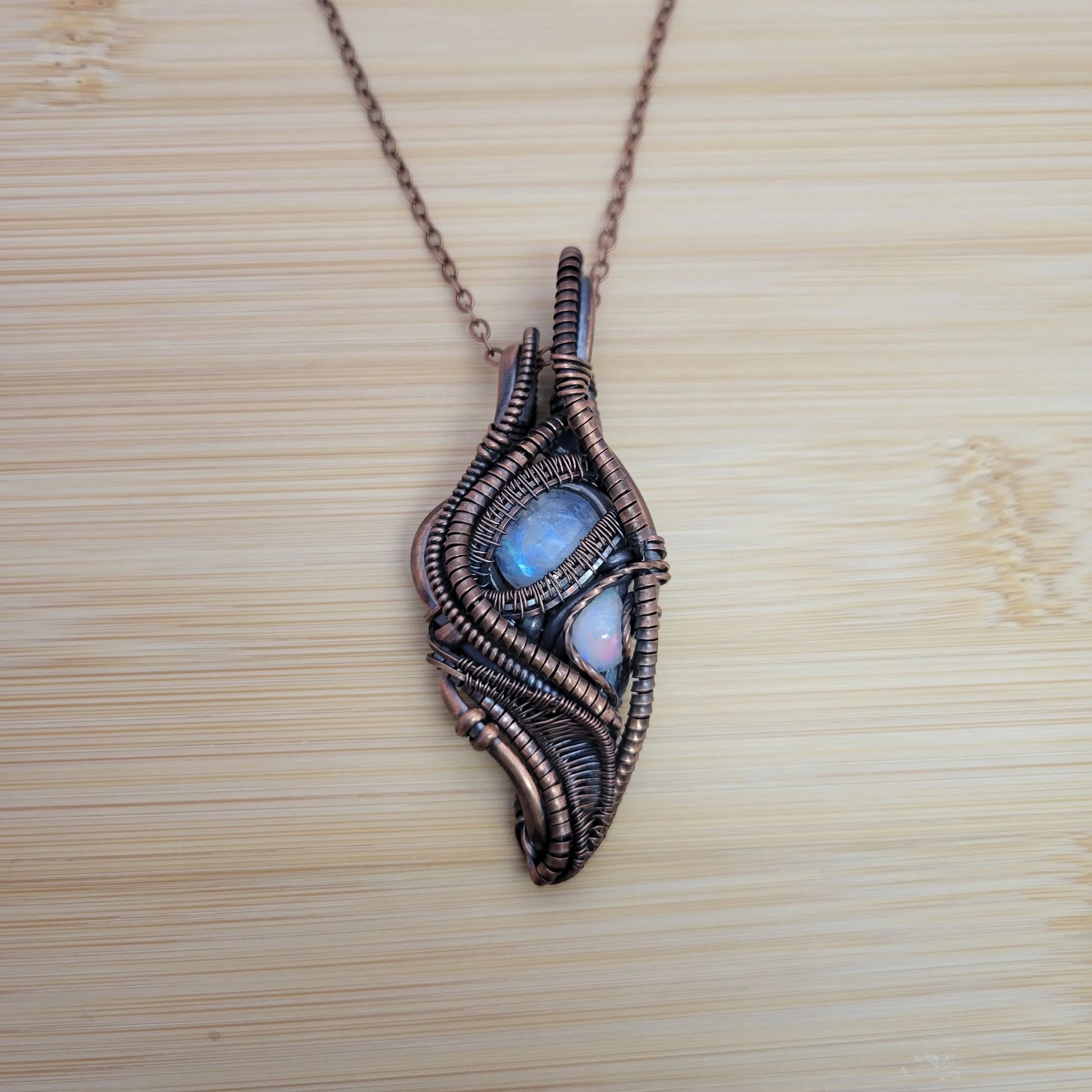 Handcrafted Rainbow Moonstone and Ethiopian Opal and Moonstone Copper Pendant Necklace — product image 7