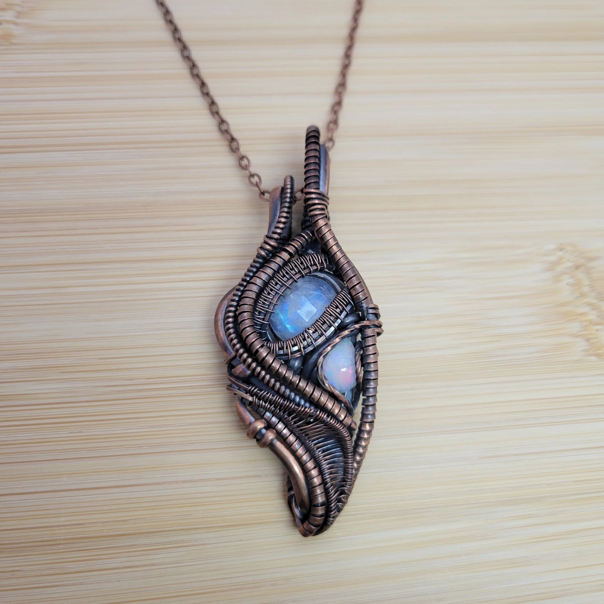 Handcrafted Rainbow Moonstone and Ethiopian Opal and Moonstone Copper Pendant Necklace — product image 6