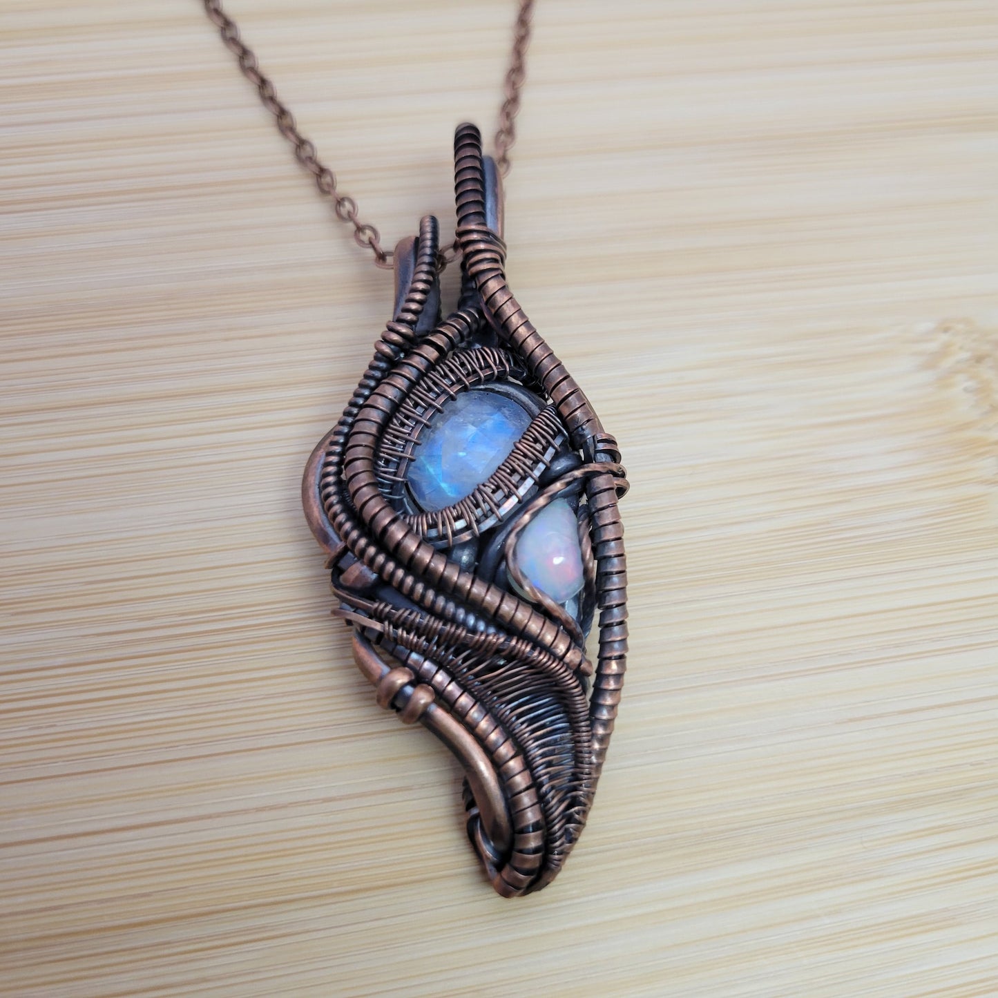 Handcrafted Rainbow Moonstone and Ethiopian Opal and Moonstone Copper Pendant Necklace — detail view