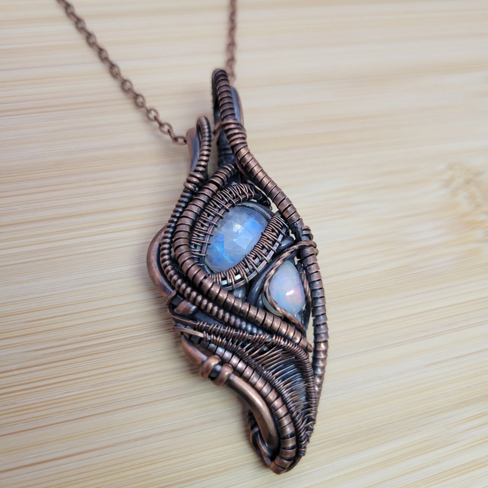 Handcrafted Rainbow Moonstone and Ethiopian Opal and Moonstone Copper Pendant Necklace — close-up