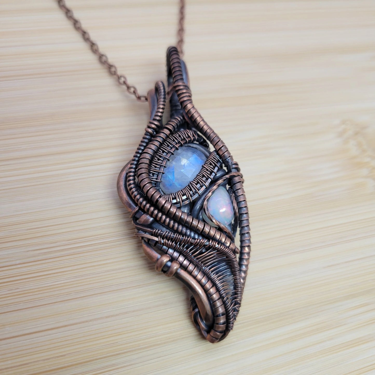 Handcrafted Rainbow Moonstone and Ethiopian Opal and Moonstone Copper Pendant Necklace — side view