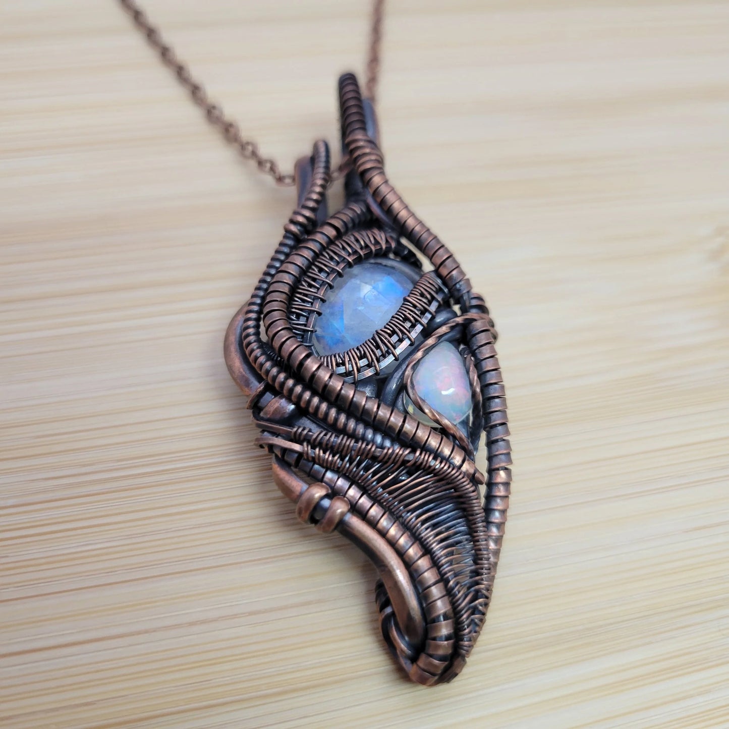 Handcrafted Rainbow Moonstone and Ethiopian Opal and Moonstone Copper Pendant Necklace — product image 8
