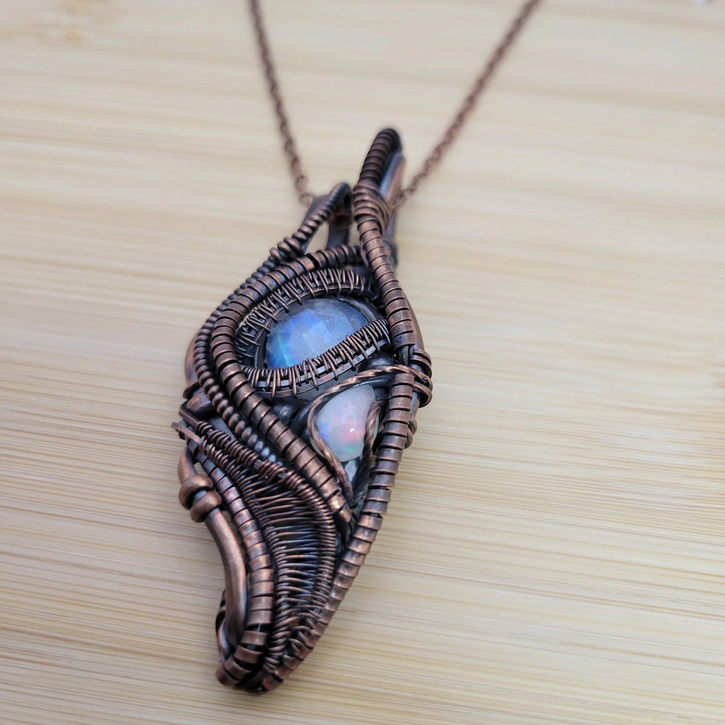 Handcrafted Rainbow Moonstone and Ethiopian Opal and Moonstone Copper Pendant Necklace — product image 9