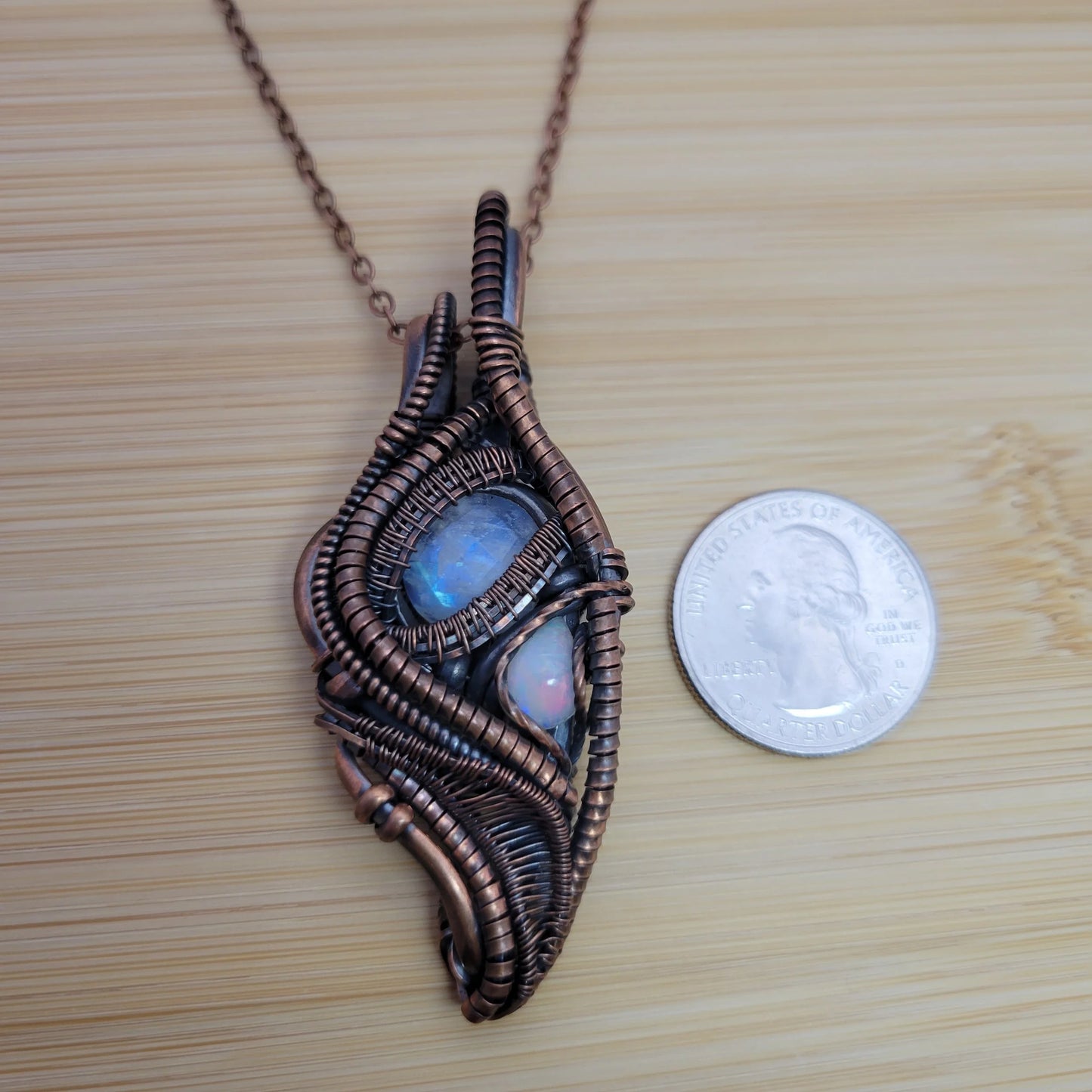 Handcrafted Rainbow Moonstone and Ethiopian Opal and Moonstone Copper Pendant Necklace — product image 10