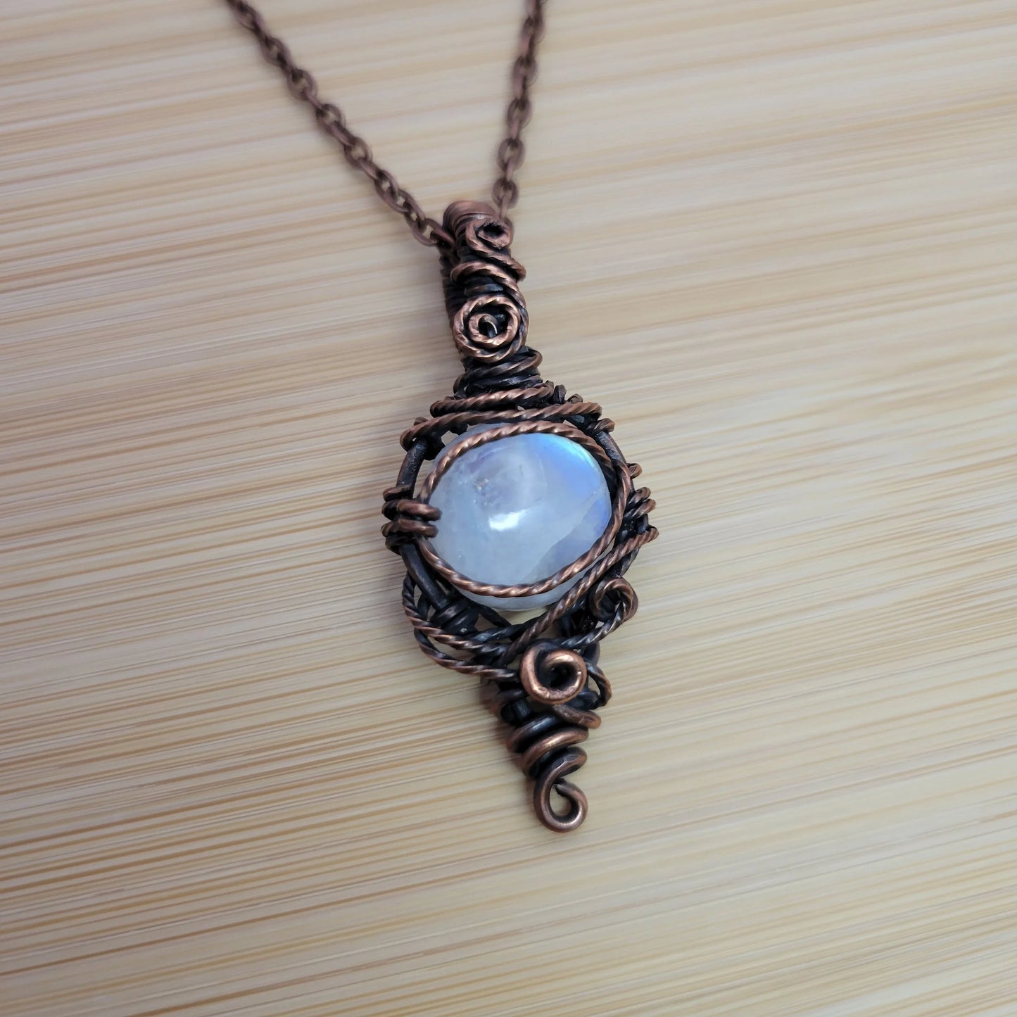 Handcrafted Rainbow Moonstone and Moonstone Copper Pendant Necklace — product image 6