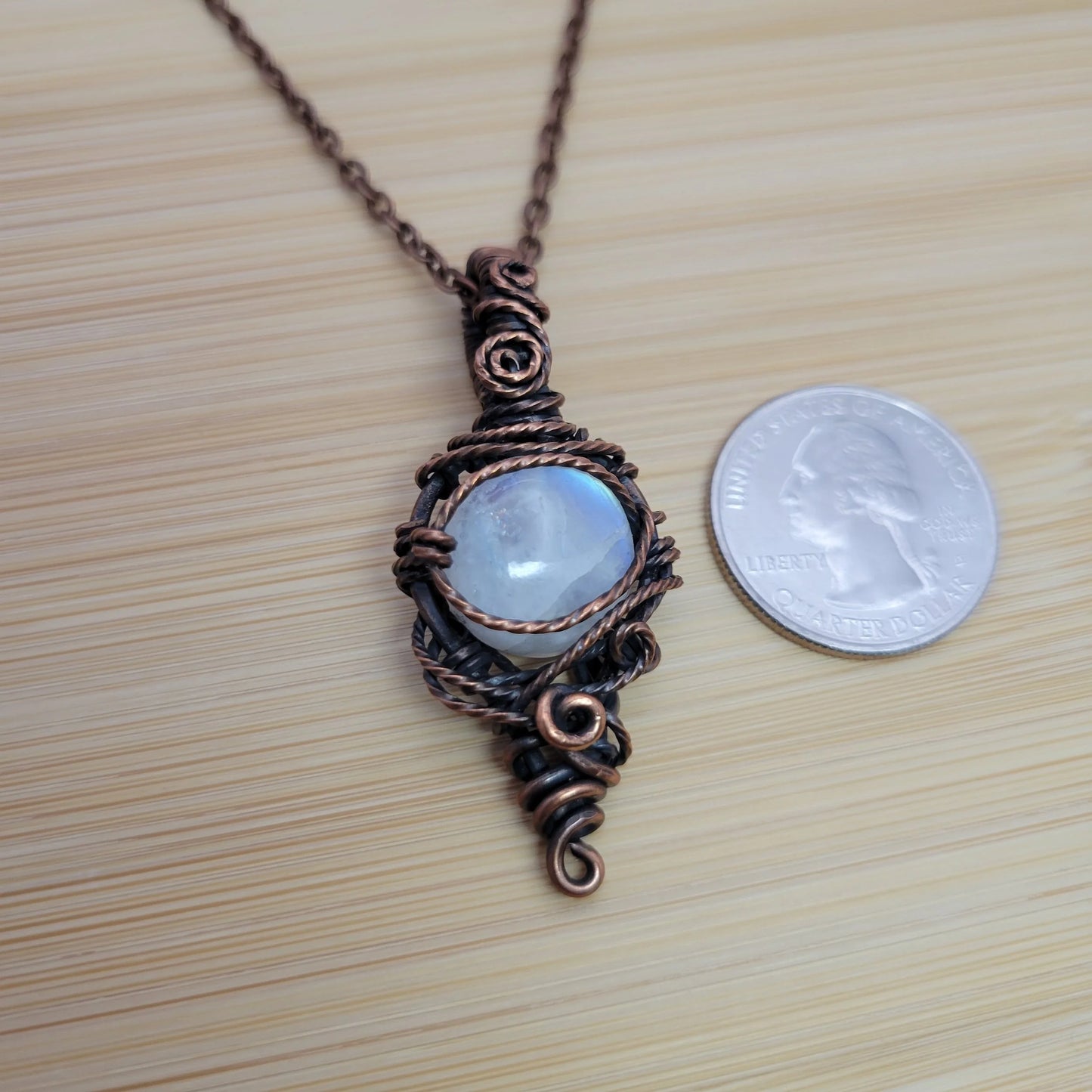 Handcrafted Rainbow Moonstone and Moonstone Copper Pendant Necklace — product image 7