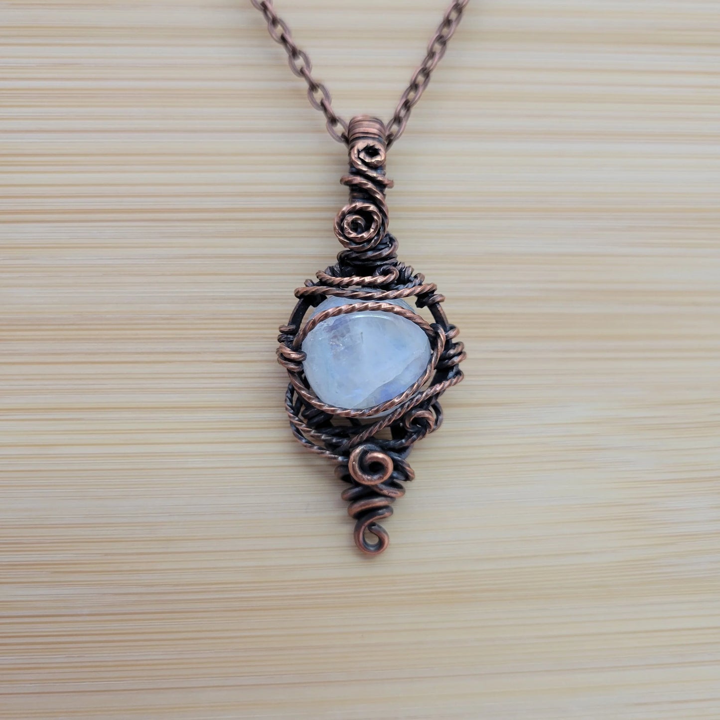 Handcrafted Rainbow Moonstone and Moonstone Copper Pendant Necklace — reverse view