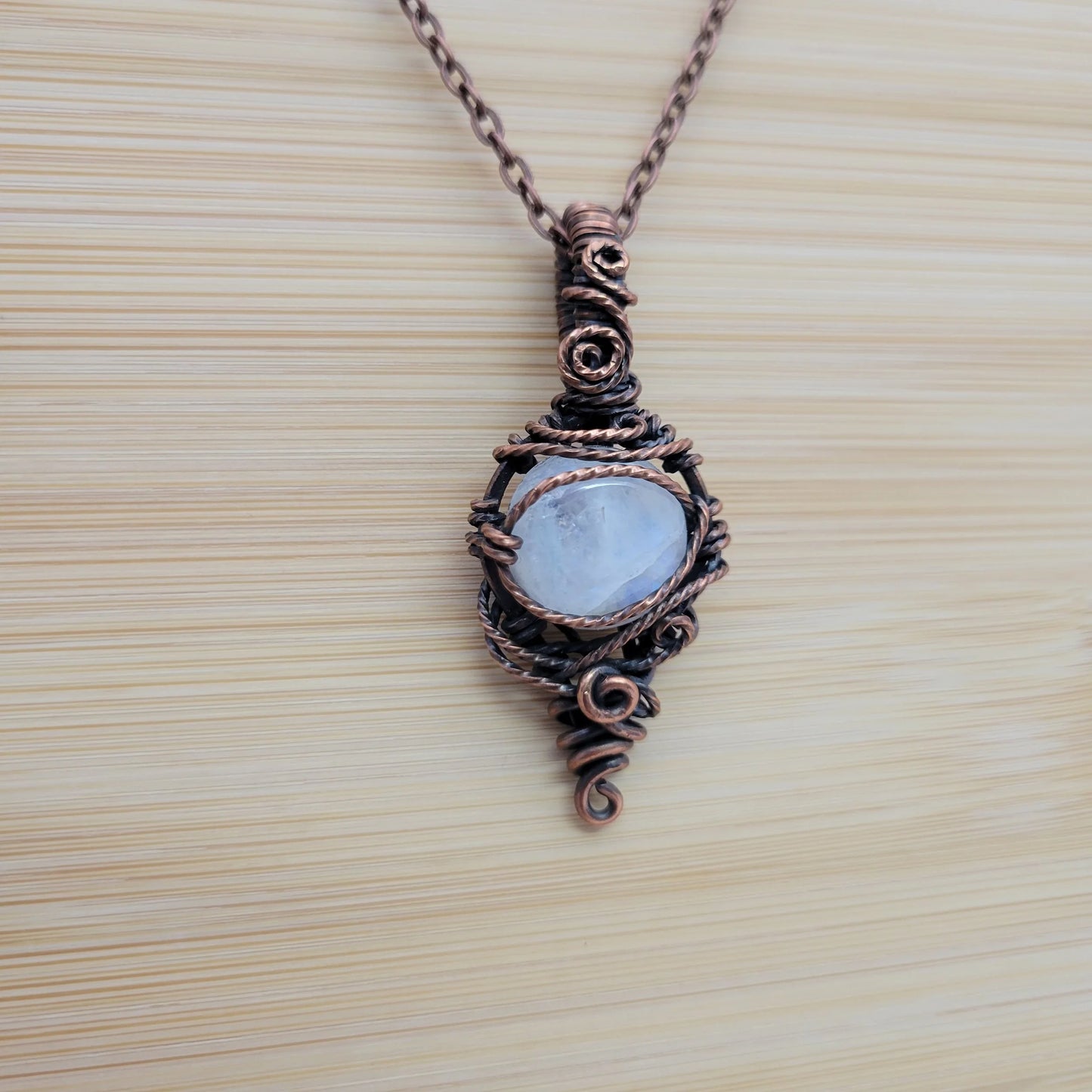 Handcrafted Rainbow Moonstone and Moonstone Copper Pendant Necklace — detail view