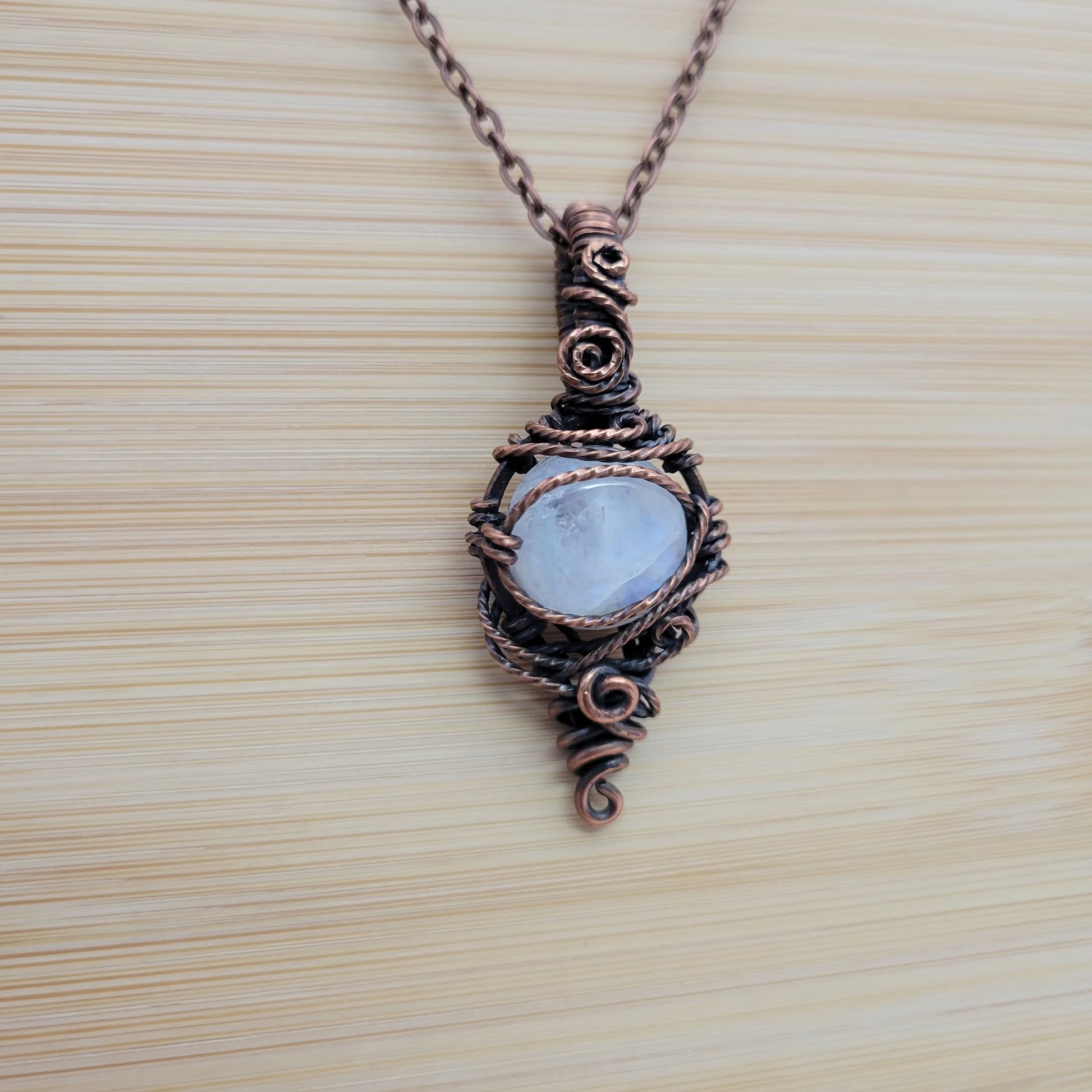 Handcrafted Rainbow Moonstone and Moonstone Copper Pendant Necklace — detail view