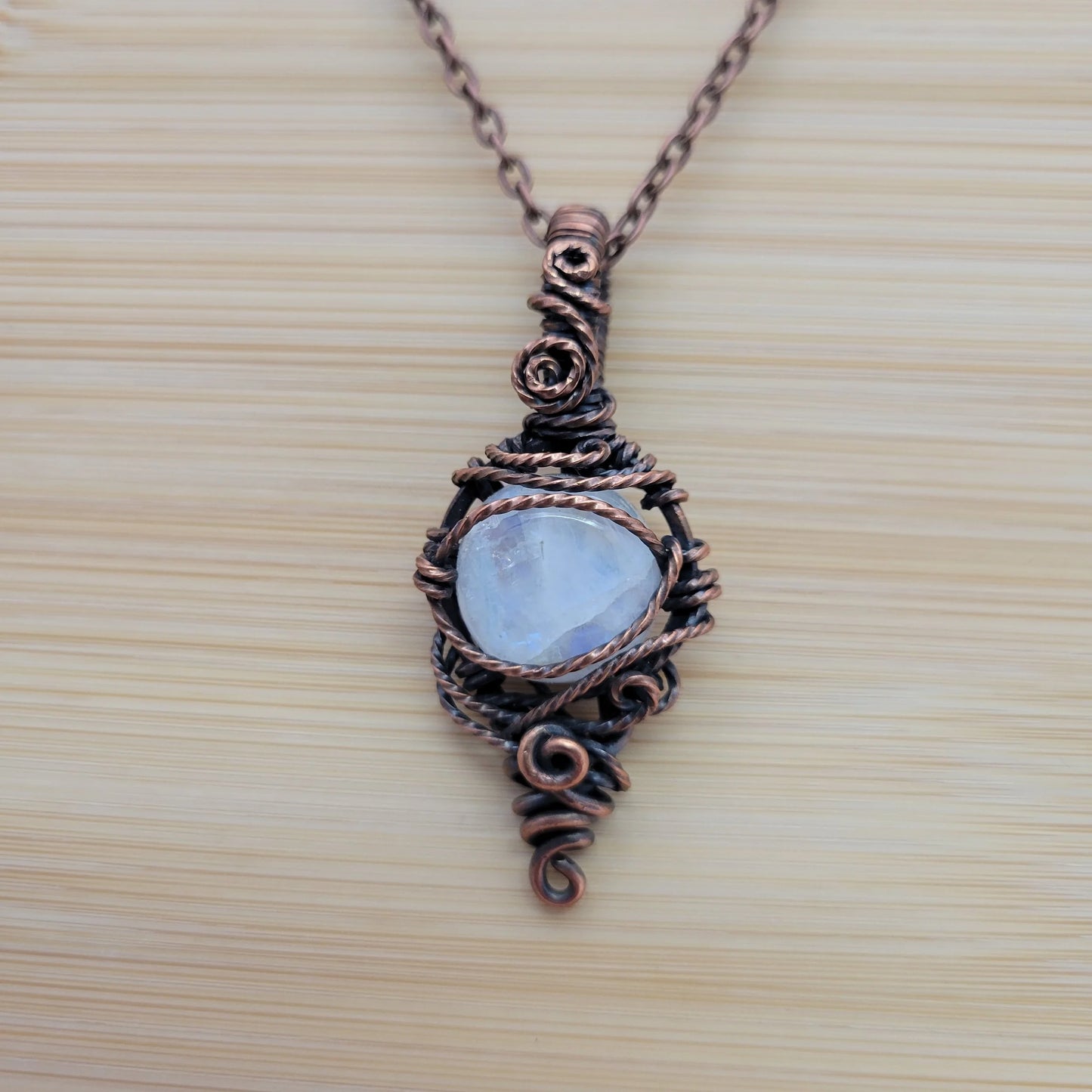 Handcrafted Rainbow Moonstone and Moonstone Copper Pendant Necklace — close-up