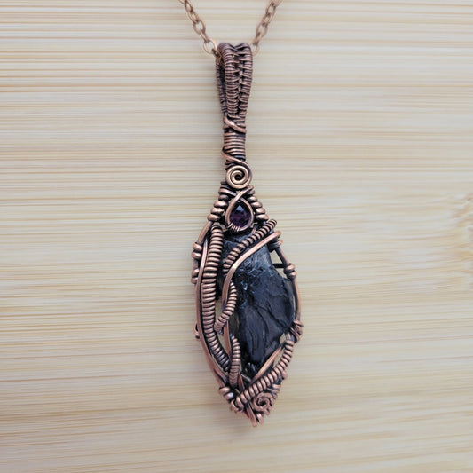 Handcrafted Amethyst and Shungite Copper Pendant Necklace — front view