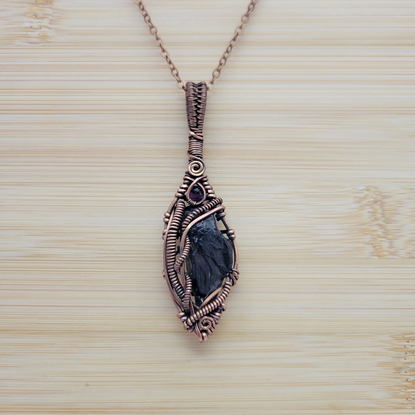 Handcrafted Amethyst and Shungite Copper Pendant Necklace — reverse view