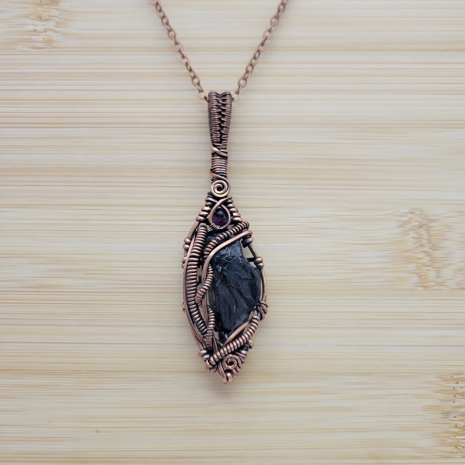 Handcrafted Amethyst and Shungite Copper Pendant Necklace — reverse view