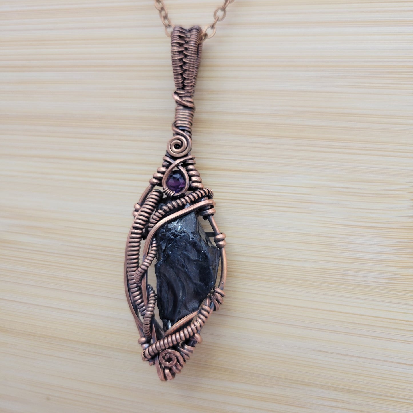 Handcrafted Amethyst and Shungite Copper Pendant Necklace — side view