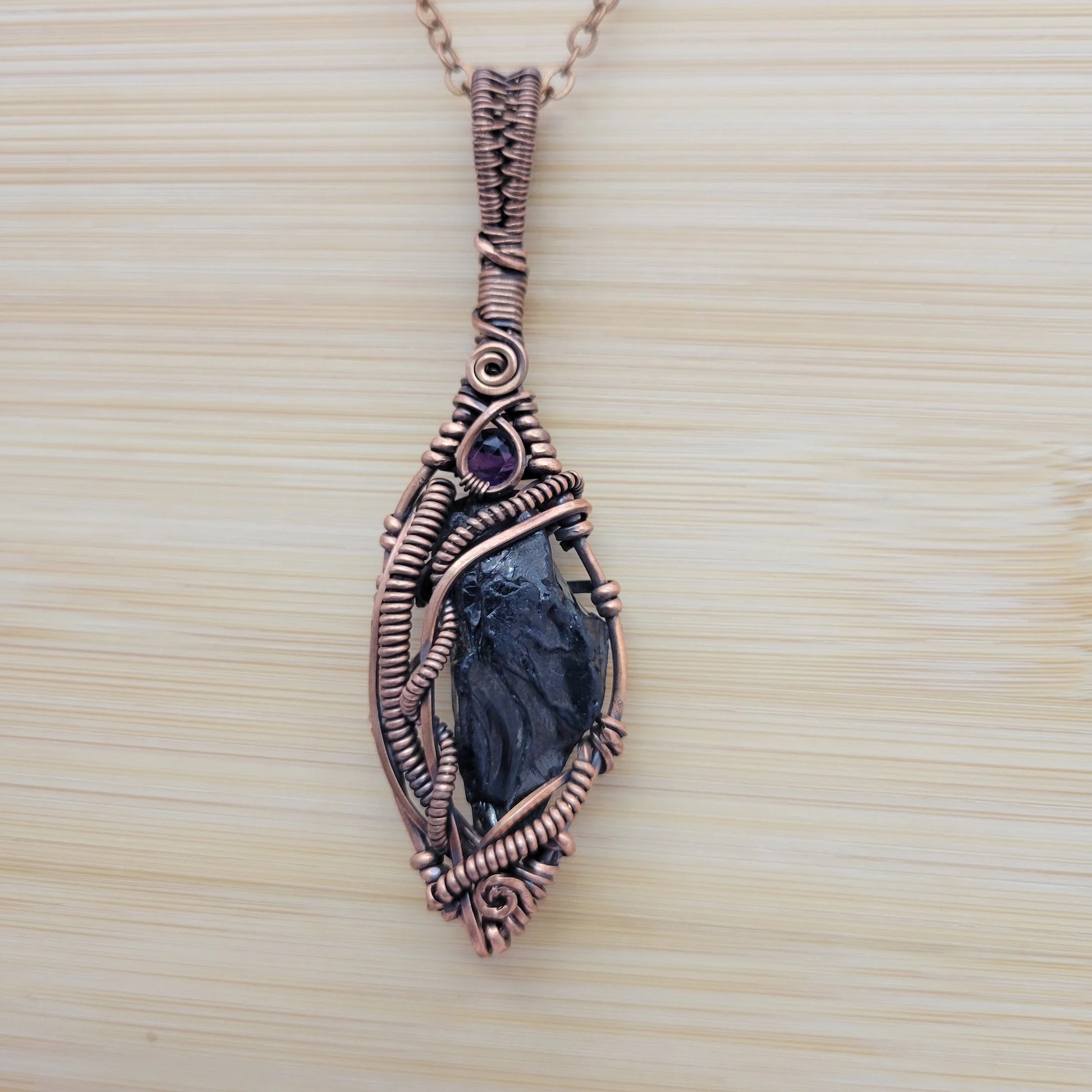 Handcrafted Amethyst and Shungite Copper Pendant Necklace — close-up