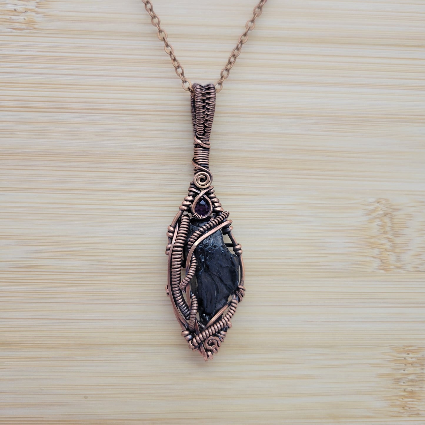 Handcrafted Amethyst and Shungite Copper Pendant Necklace — detail view