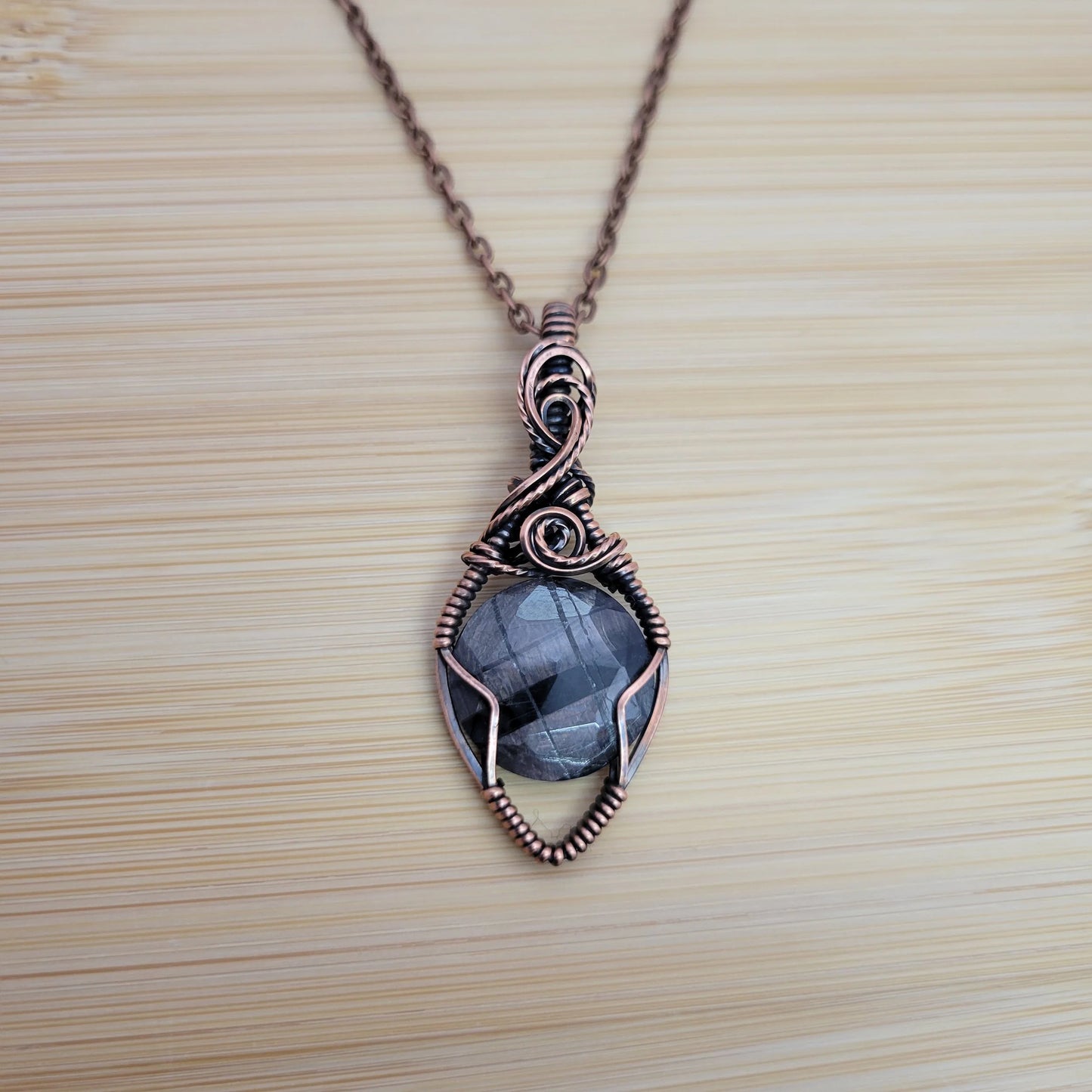 Handcrafted Silver Sheen Obsidian Copper Pendant Necklace — product image 6