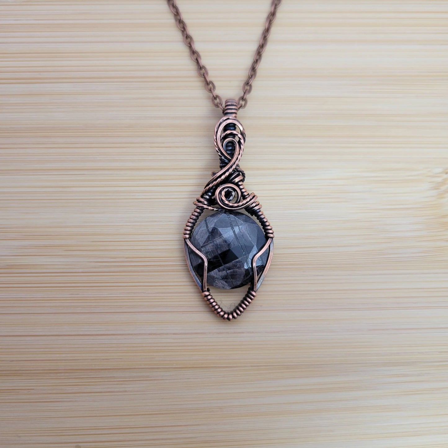 Handcrafted Silver Sheen Obsidian Copper Pendant Necklace — product image 7