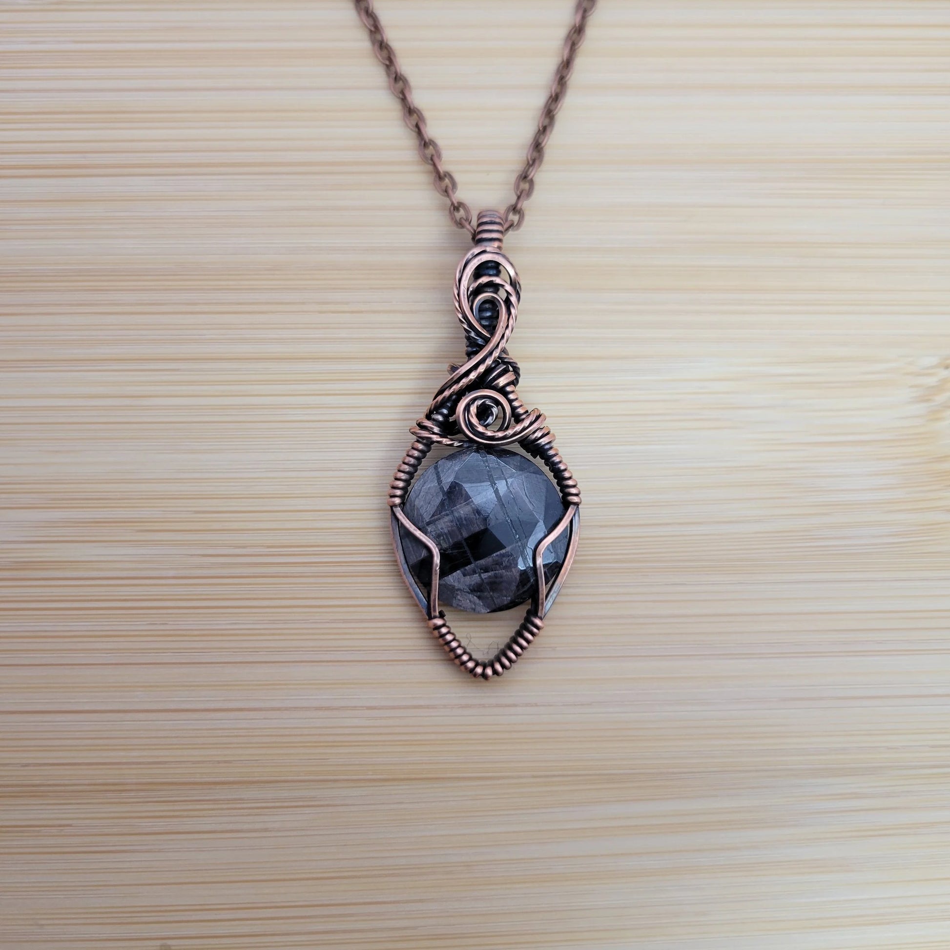 Handcrafted Silver Sheen Obsidian Copper Pendant Necklace — product image 7