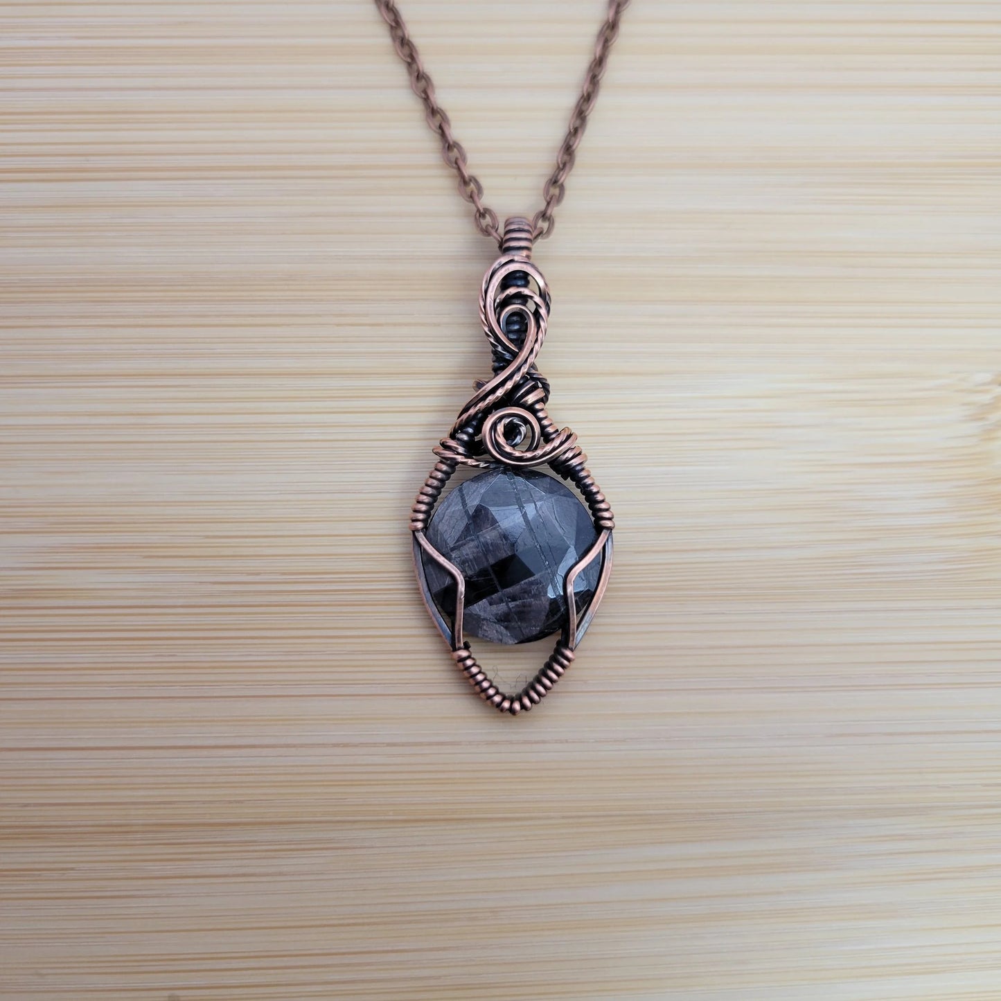 Handcrafted Silver Sheen Obsidian Copper Pendant Necklace — detail view