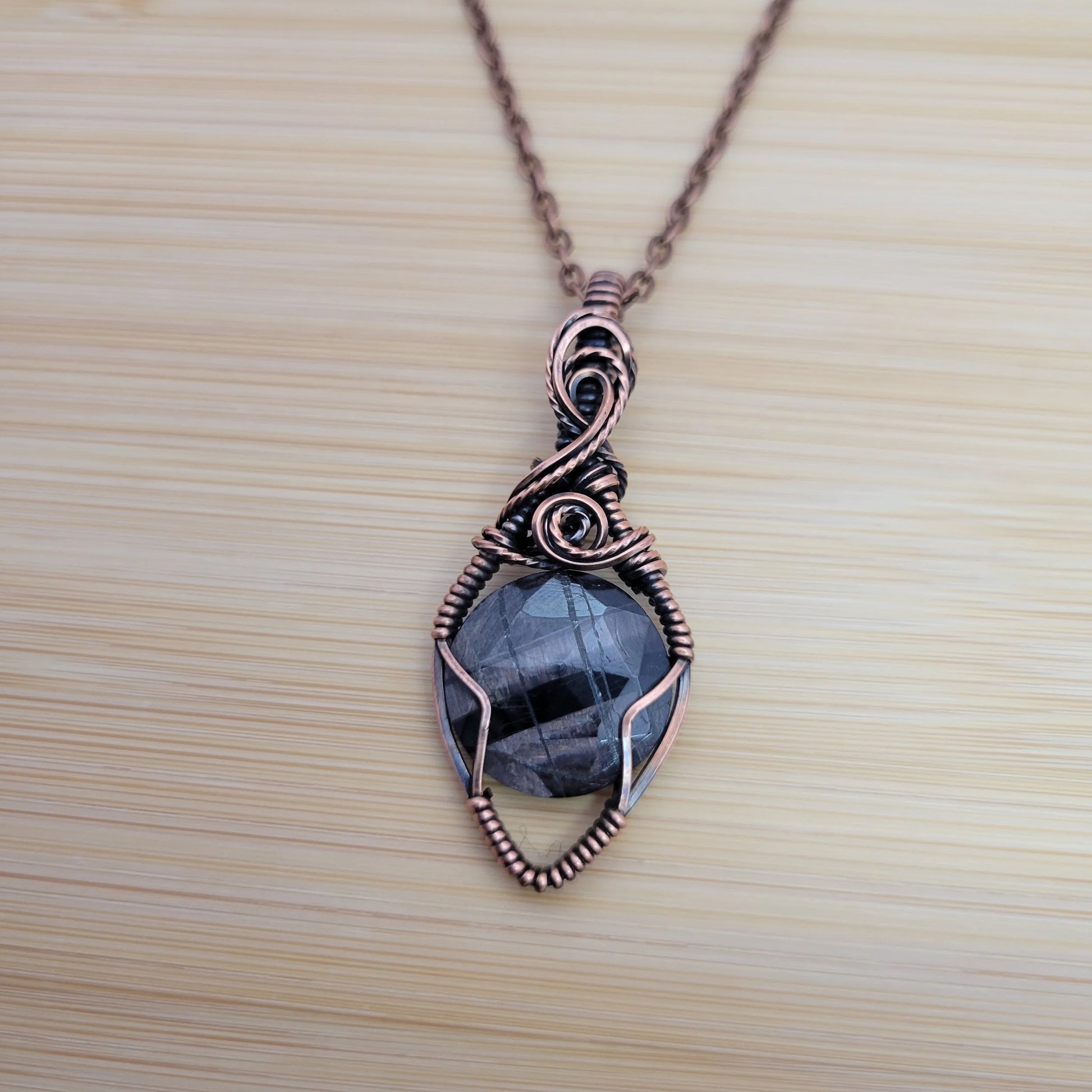 Handcrafted Silver Sheen Obsidian Copper Pendant Necklace — side view