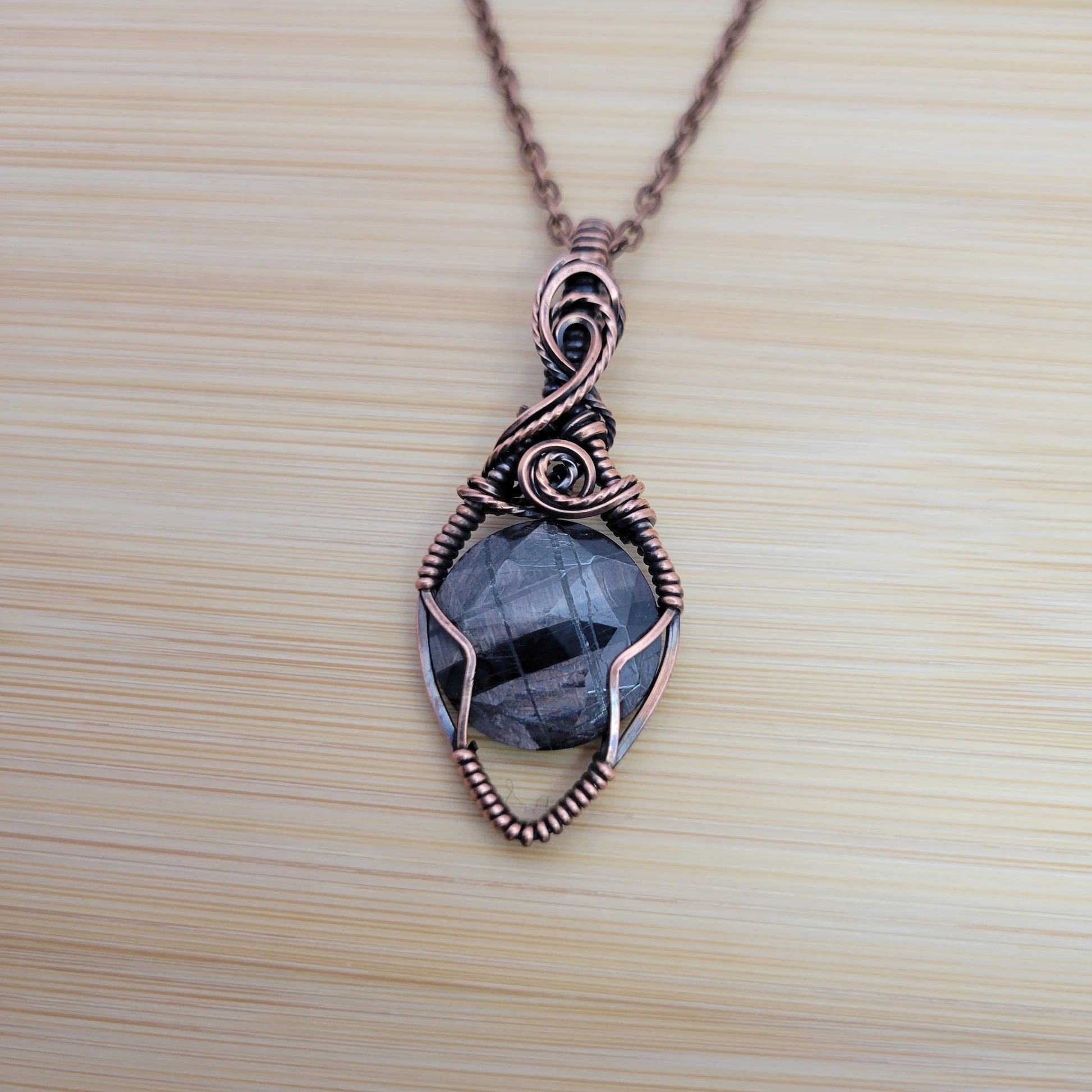 Handcrafted Silver Sheen Obsidian Copper Pendant Necklace — close-up