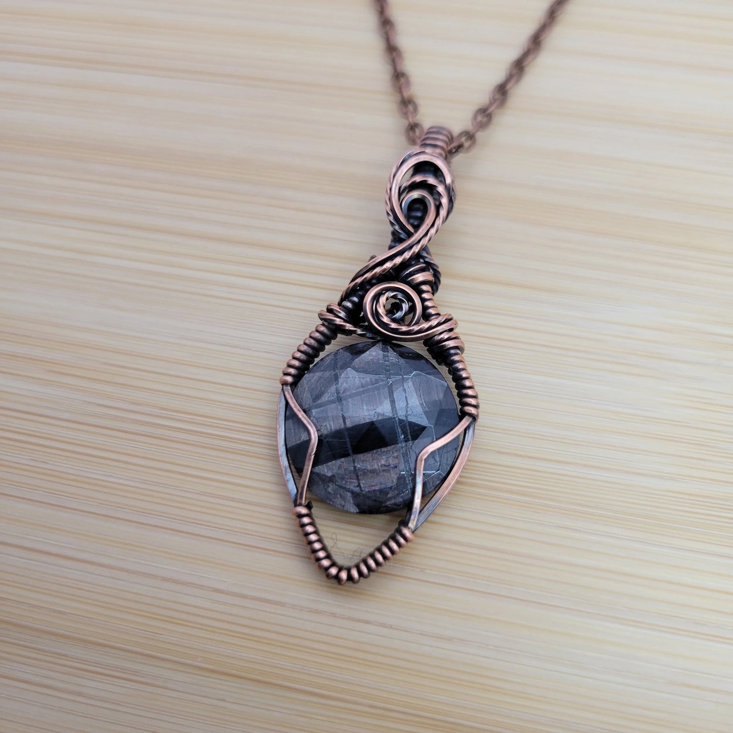 Handcrafted Silver Sheen Obsidian Copper Pendant Necklace — reverse view