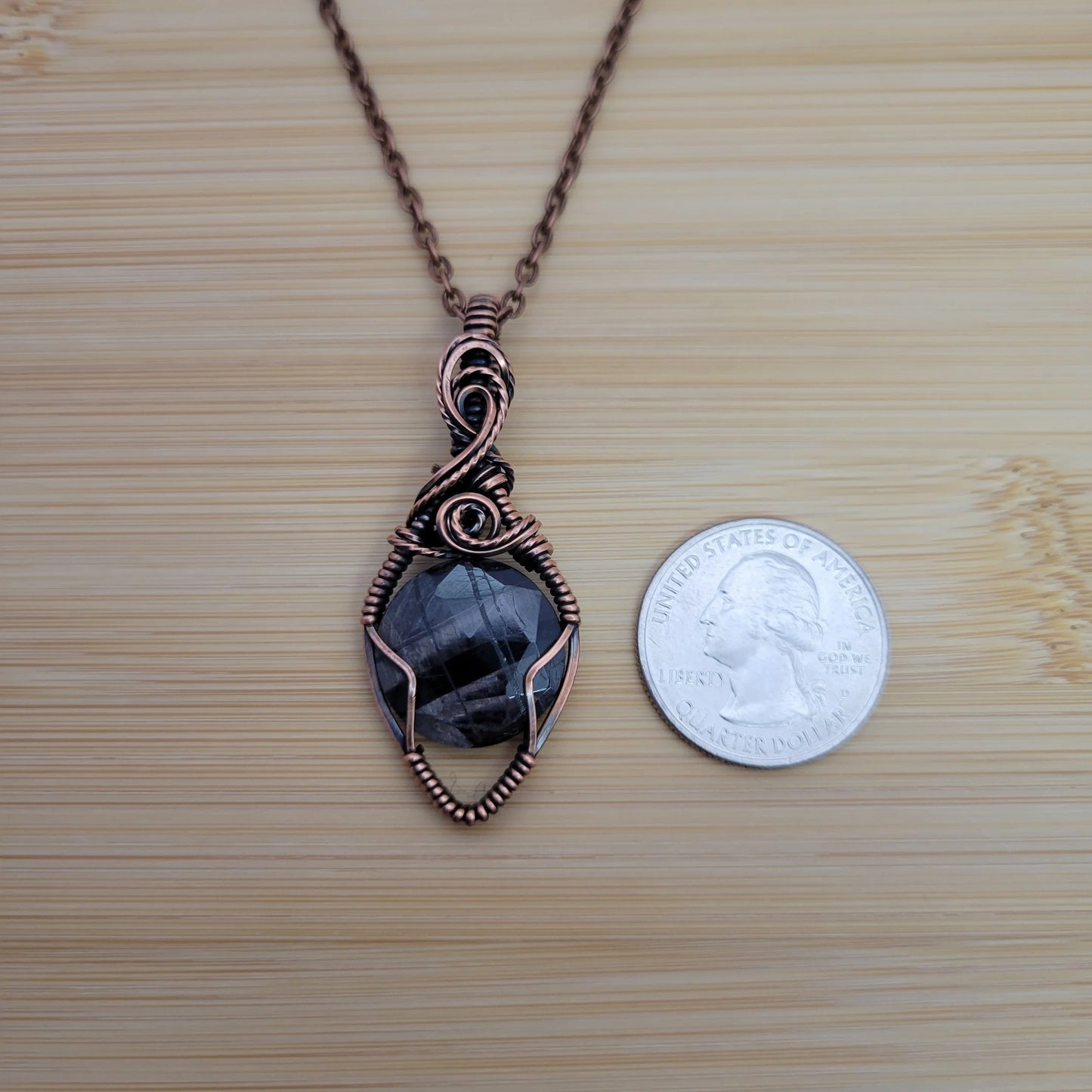 Handcrafted Silver Sheen Obsidian Copper Pendant Necklace — product image 8