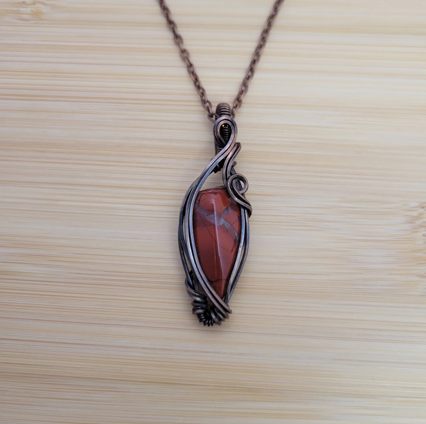 Handcrafted Red Jasper Copper Pendant Necklace — detail view