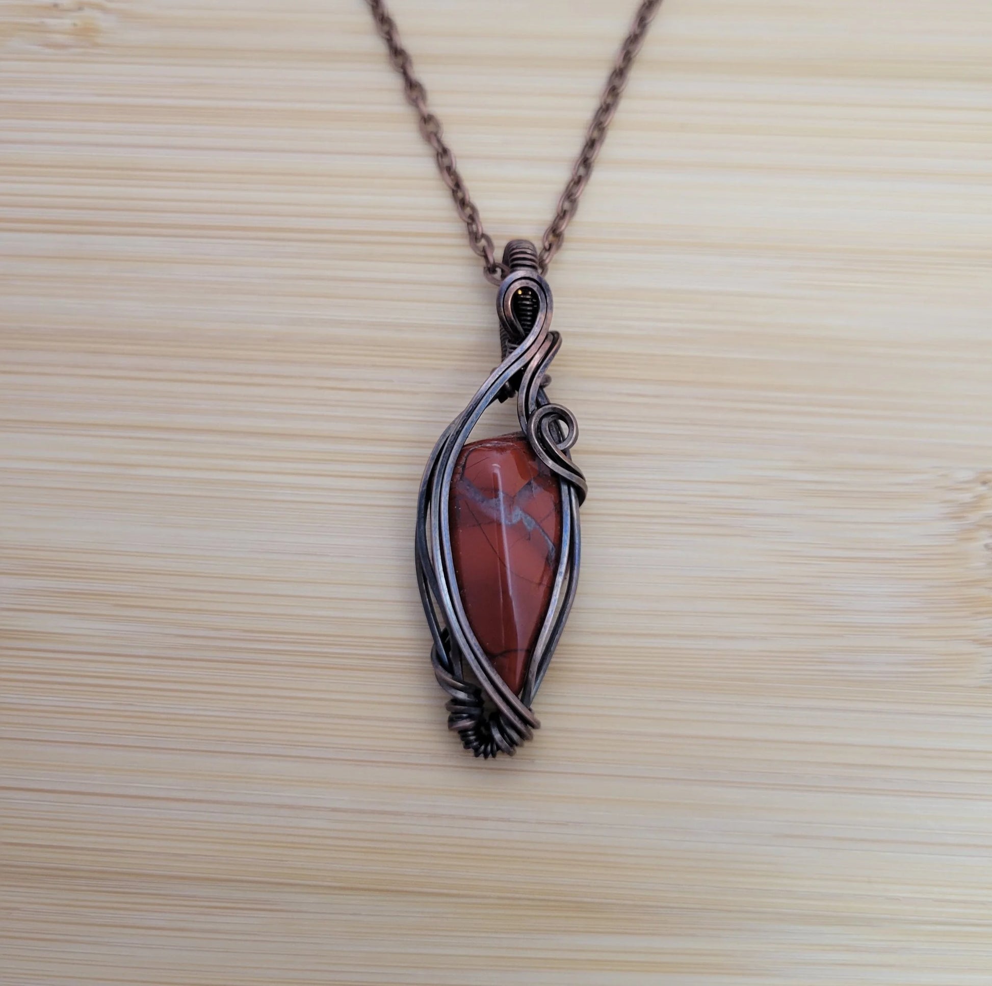 Handcrafted Red Jasper Copper Pendant Necklace — detail view