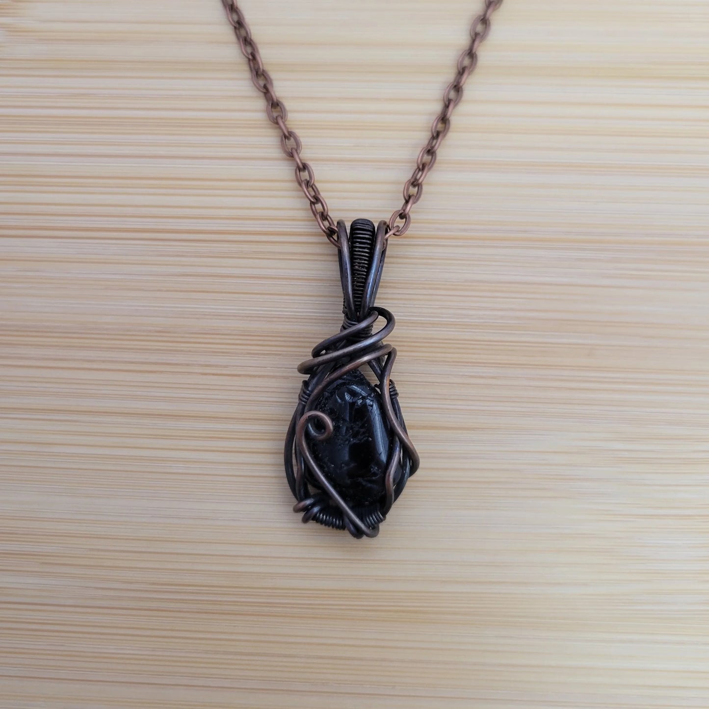 Handcrafted Tourmaline and Black Tourmaline Copper Pendant Necklace — detail view